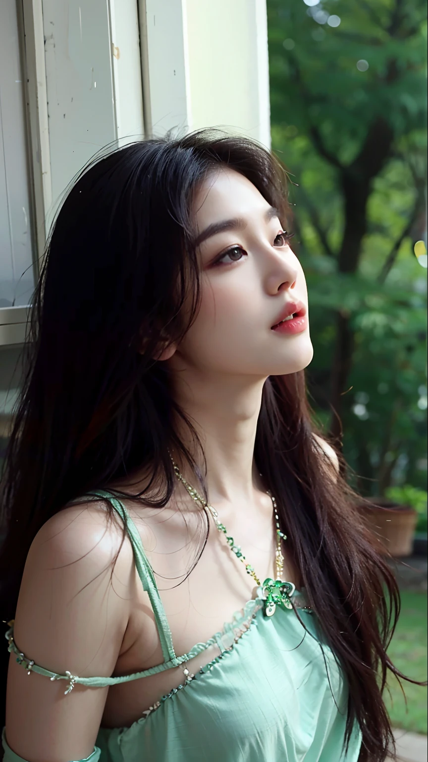 araffe woman with long hair wearing a green dress and looking out a window, beautiful south korean woman, beautiful young korean woman, gorgeous young korean woman, korean girl, korean woman, very beautiful girl, chinese girl, beautiful asian girl, lovely delicate face, gorgeous chinese model, asian girl with long hair, lovely woman, beautiful delicate face, beautiful asian woman