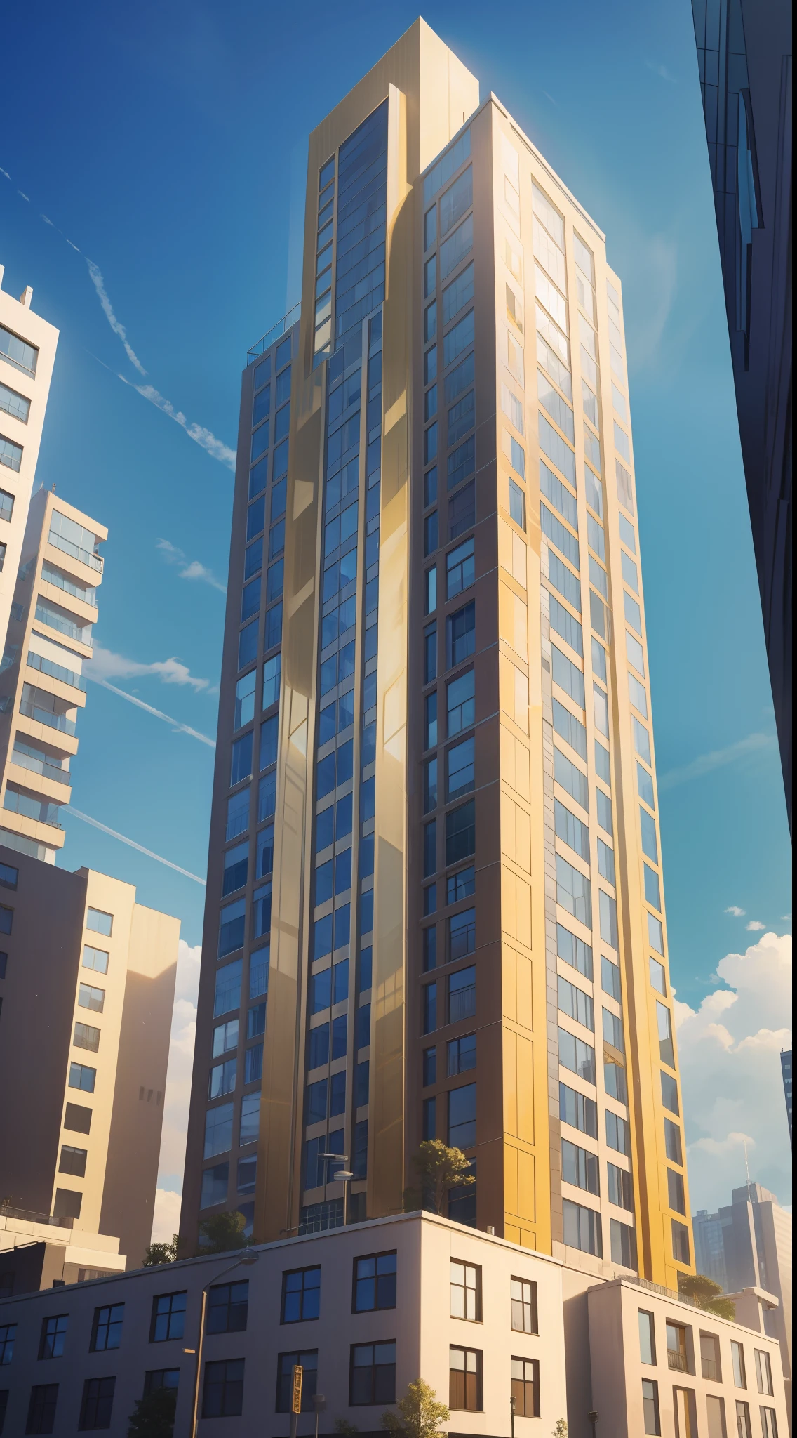 Towering buildings in the heart of a big city,There is a five-storey villa,There are houses with partial gold color
