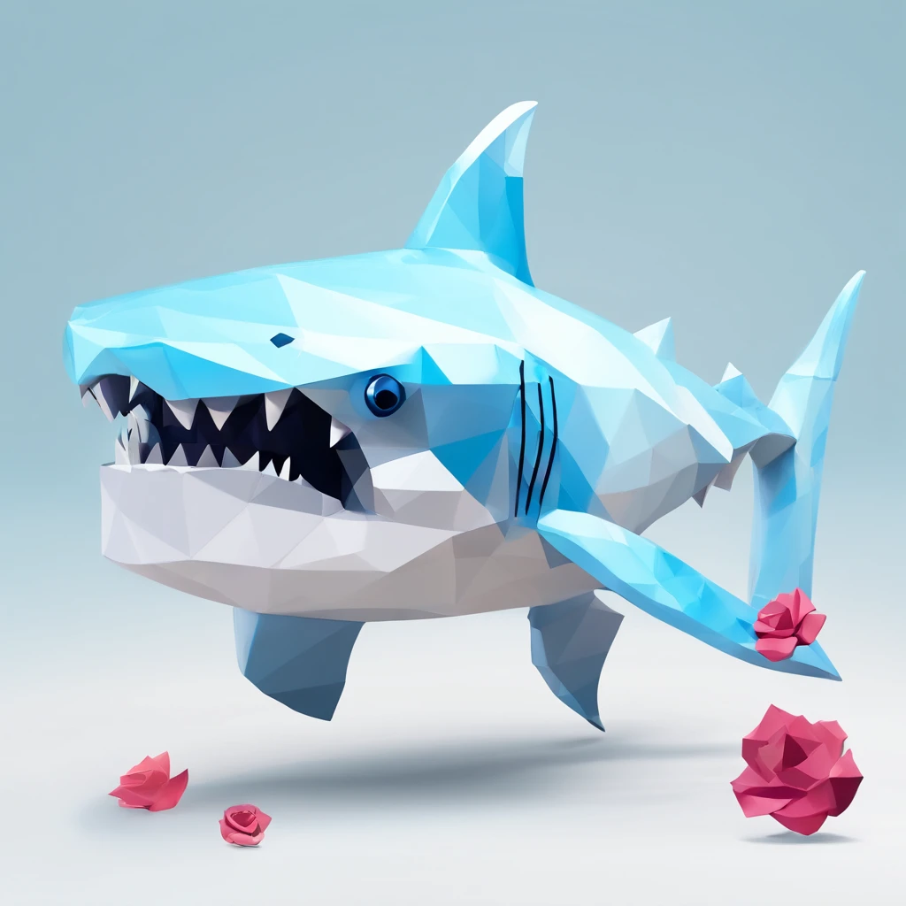 Perfect alignment, Cute baby blue shark,White pattern,crystal vases,Rose flower, Wearing sunglasses, cheerfulness, Swimming posture, Abstract beauty, Centered, Looking at the camera, Facing the camera, nearing perfection, Dynamic, Highly detailed, smooth, Sharp focus, 8K, high definition resolution, illustration, line art, White background