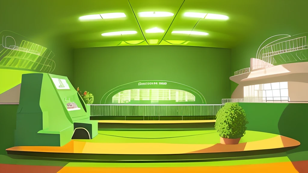 green color，eco，Lab Room，There is a large table in the middle，Warm and bright style，KIDS ILLUSTRATION，There are no characters，pretty background，Background illustration