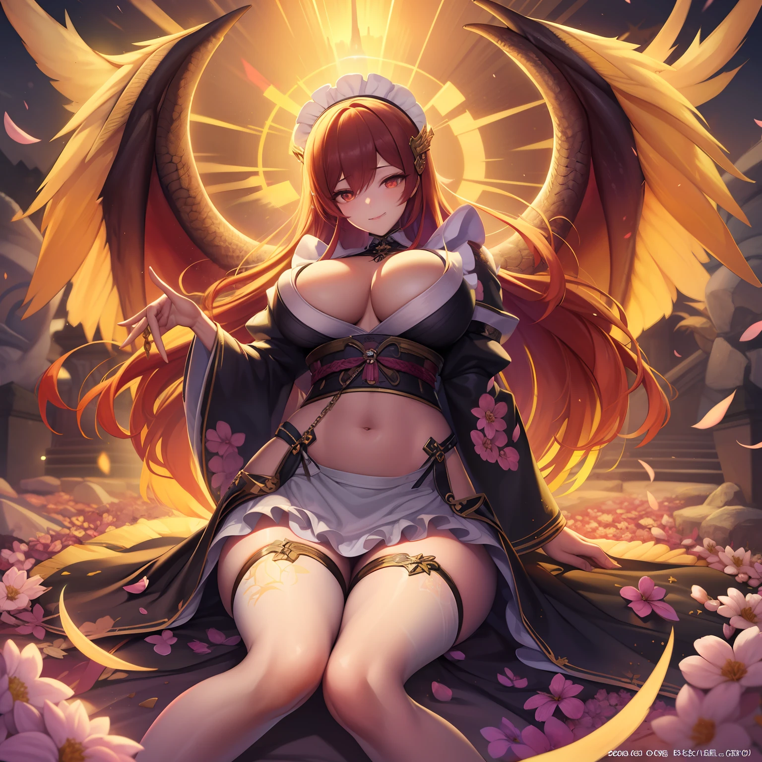 1girl in、nightcity、Sateen、Kimono without sleeves、A dark-haired、Holding a weapon with blood on it、Looking at the camera、Cherry blossoms are dancing,Unusually resistant、red blush、Looks distressed、Pleasant face、shrine maiden、valkyrie、Angel wings、a navel、sideboob barbosa、with an intricate、Particles of light、thighs thighs thighs thighs、shinny skin、Perfect litthing、1girl in、looking at the viewers、Winged headgear、pelvis curtain、A smile、(masterpiece)、(top-quality)、Very gigantic-breasts、maternal、Porcelain Skin、Very long hair、hair wavy、Royal sister,femele,A queen,putting on a crown,There are a lot of golden lightning around,sitting in a throne,Bangs cover the eyes,Black Suspender Socks,Black Lace Top,,High jump,Grab Erlang's leg,,Black Silk Top,married woman,mothers,domineering,smil,The corners of the mouth are raised,Red and gold eyes,Black silk erotic underwear,Black top,Black Silk Gloves,I have a gorse tattoo on my chest and thigh,There are many golden dragon scales on the arms,There are many golden dragon scales on the neck,Bright eye,dragon eyes,Snake's Eye,Upright pupils,There are golden stripes on the clothes,There is a golden pattern on the clothes,The socks have a golden pattern,tall figure,Expose the outside of the chest,Twisted blade hanging over the shoulder,Larger breasts ,With elongated dragon horns,Giant Golden Dragon Wings,Giant Golden Dragon Wings,Huge golden dragon wings as big as a body,The body is covered with huge golden dragon wings,golden pupils,Just a pair of wings,large wings,The biggest dragon wings,The biggest dragon wings,There are golden scales on the neck,Fingers are golden dragon claws,The elongated tail of the golden dragon、1girl in、nightcity、Sateen、Kimono without sleeves、A dark-haired、Holding a weapon with blood on it、Looking at the camera、Cherry blossoms are dancing,Strong best quality, (Extremely detailed: 1.5), masutepiece, 超A high resolution,(photographrealistic:1.4), 1 beautiful girl, Cowboy Shot, (Wear battle armor:1.4), (Wear battle ar