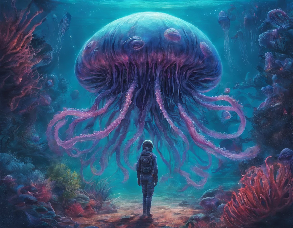 walk, Hands and feet, Big eyes, Monster, (Humanoid), Light, Blue light, ((jelly fish)), Ocean, Plants in the water,Rich in color