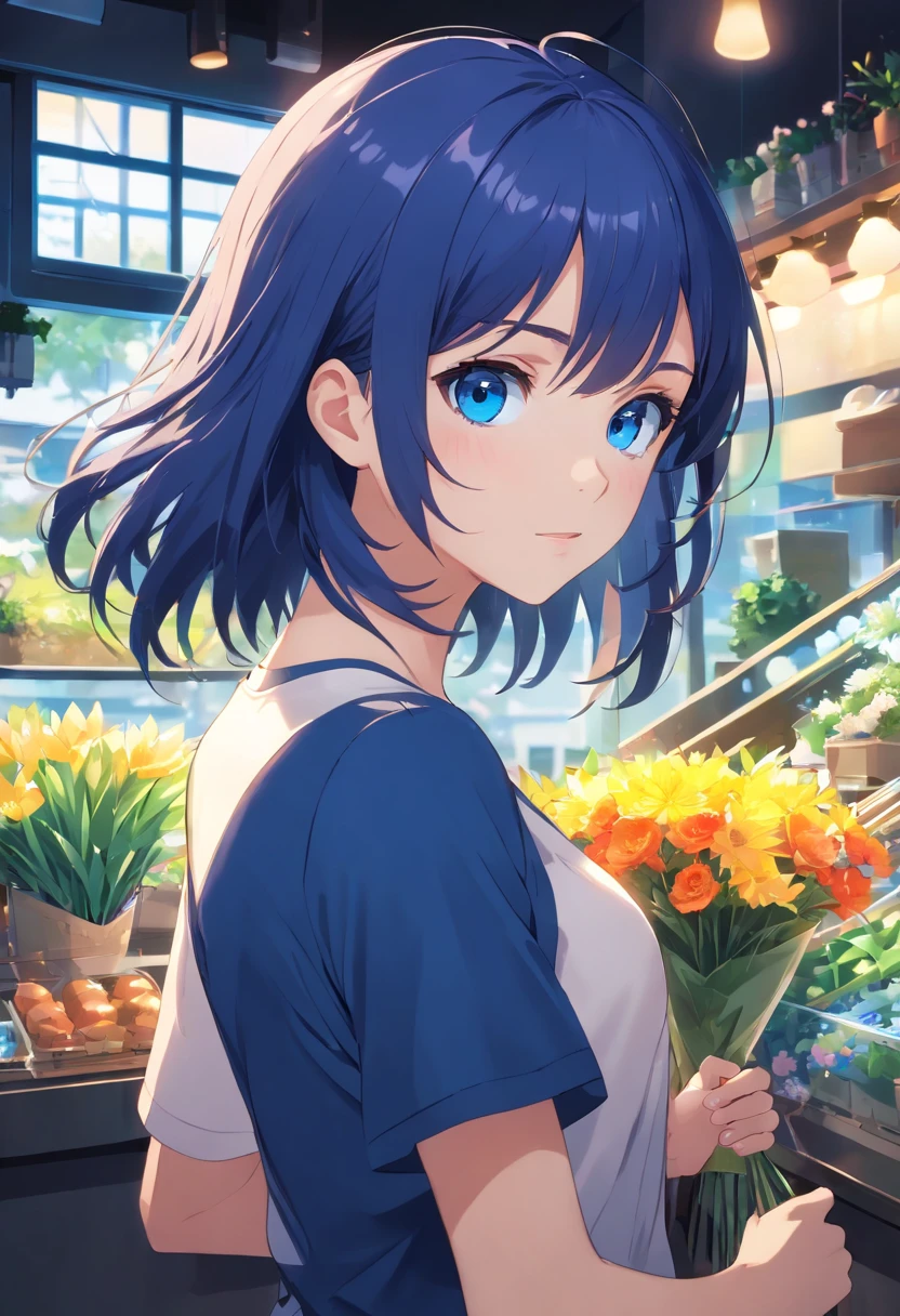 (Clean, (Masterpiece), Very high quality, professional, Highly detailed, hdr,hyper HD,16k), Flower shop,Lots of potted plants,Lots of bouquets,Cute girl making bouquet,The windows let sunlight in, Solo, Take a flower pot,Long black hair, Wavy hair, bangs, Expressive eyes, (Dark blue eyes:1.5), Perfect face,