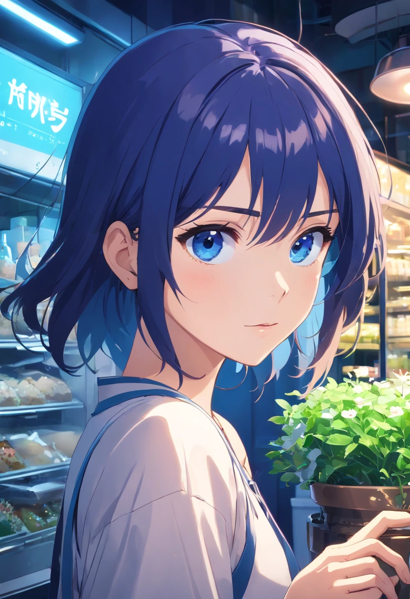 (Clean, (Masterpiece), Very high quality, professional, Highly detailed, hdr,hyper HD,16k), Flower shop,Lots of potted plants,Lots of bouquets,Cute girl making bouquet,The windows let sunlight in, Solo, Take a flower pot,Long black hair, Wavy hair, bangs, Expressive eyes, (Dark blue eyes:1.5), Perfect face,