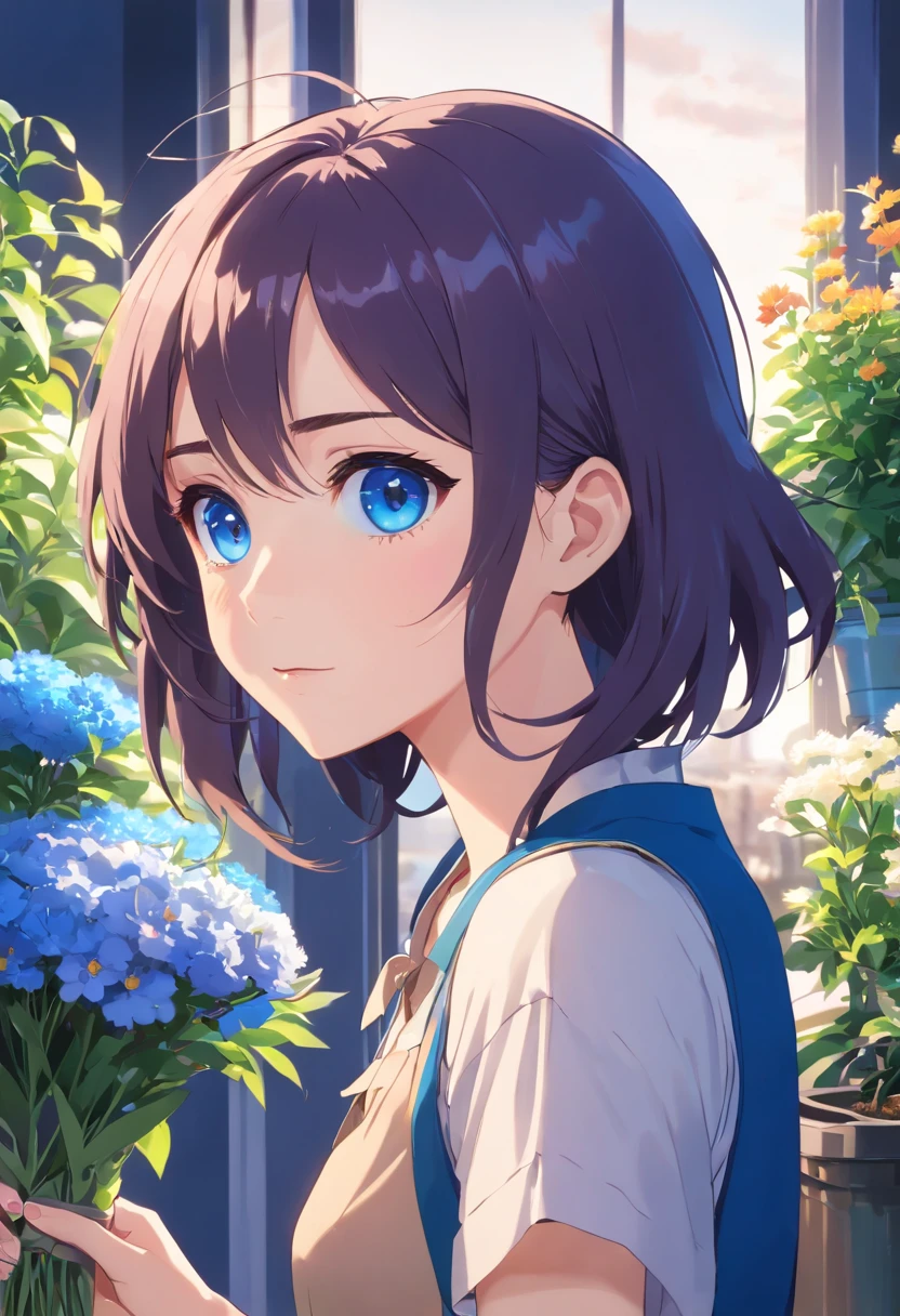 (Clean, (Masterpiece), Very high quality, professional, Highly detailed, hdr,hyper HD,16k), Flower shop,Lots of potted plants,Lots of bouquets,Cute girl making bouquet,The windows let sunlight in, Solo, Take a flower pot,Long black hair, Wavy hair, bangs, Expressive eyes, (Dark blue eyes:1.5), Perfect face,