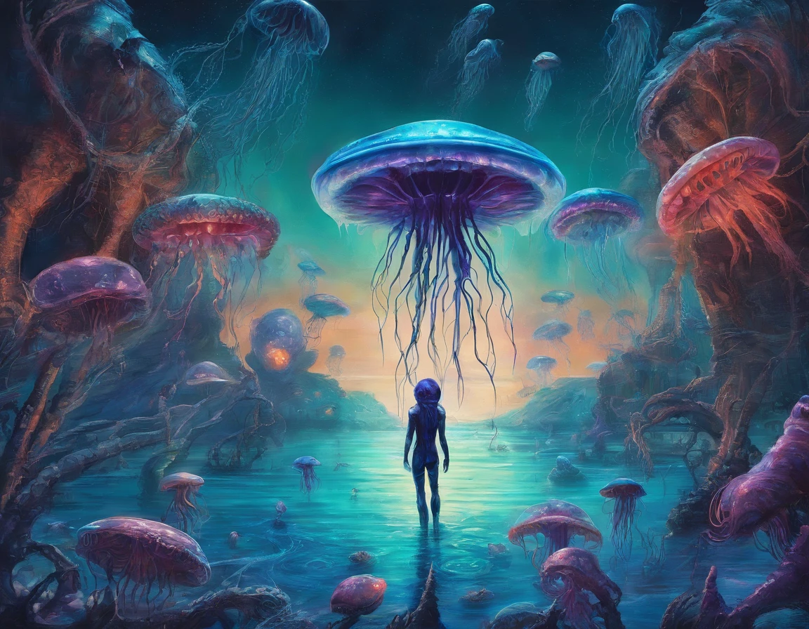 walk, Hands and feet, Big eyes, Monster, (Humanoid), Light, Blue light, ((jelly fish)), Ocean, Plants in the water,Rich in color