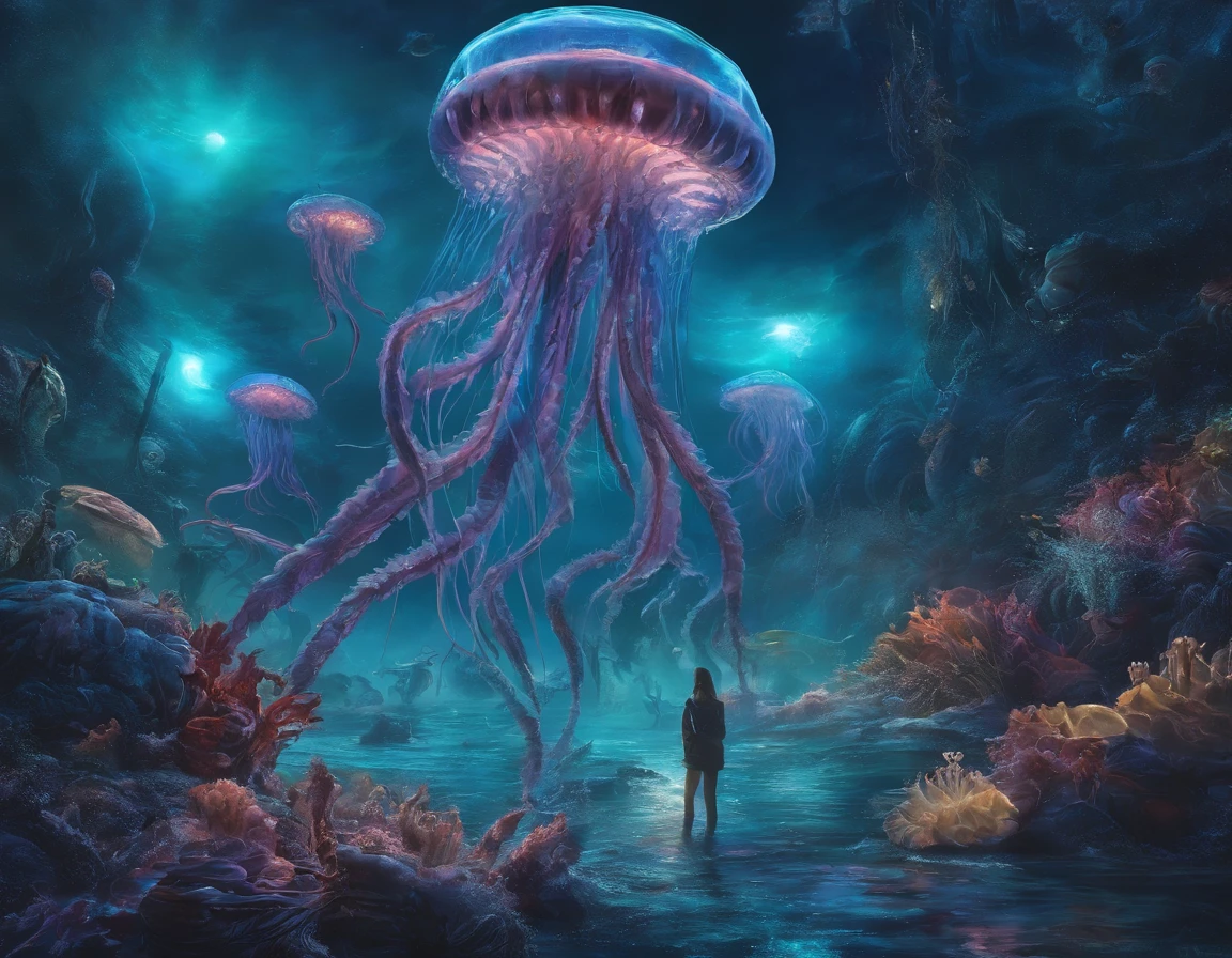 walk, Hands and feet, Big eyes, Monster, (Humanoid), Light, Blue light, ((jelly fish)), Ocean, Plants in the water,Rich in color