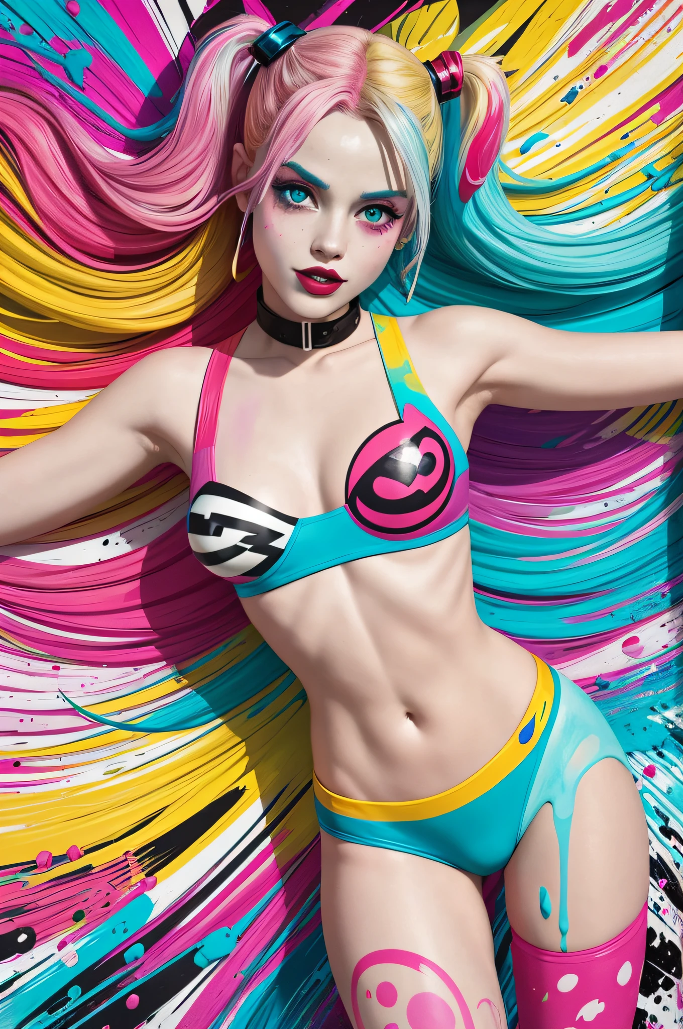 Harley Quinn amid Pastel Splashes, Harley Quinn twirls gracefully in a field of pastel splashes, creating a mesmerizing dance of colors.
Inspired by pop art and graffiti, Influenced by the works of Keith Haring and Roy Lichtenstein,Soft natural lighting, framing emphasizes the swirling colors around Harley.