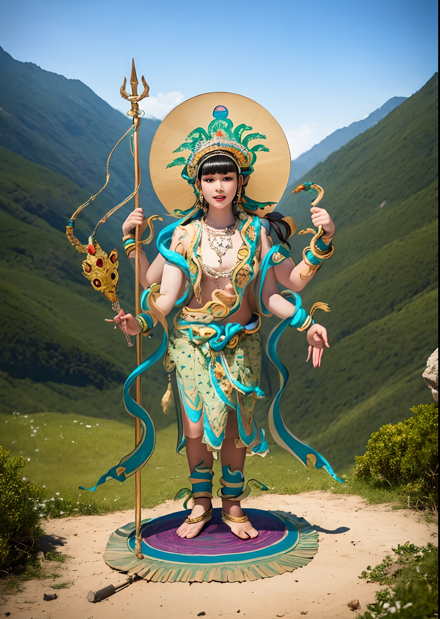 1girll，，Stand in a valley full of mandala flowers，（（（Green skin））），Gem Necklace，Exquisite headdress，Long hair hanging down the shoulders，There are six snakes on top of their heads，Snake in hand，The body is decorated with snakes，Four arms，A snake wrapped around his wrist，The ankles are wrapped around the snake，（The union of man and black snake），Solo, The waist is（（deerskin））, The upper body is covered（deerskin,） Holding a fan made of peacock essence in his hand， Trident weapons, Streamers，shaded_face, Pretty big breasts，Head background with round light，Alpine snow-capped mountains in the distance，Bright sky，Sunny picture，offcial art, (Extremely detailed Cg Unity 8K wallpaper), (Photorealistic:1.4), (Masterpiece), (Best quality:1.2)，Light and shadow tracking，Super HD