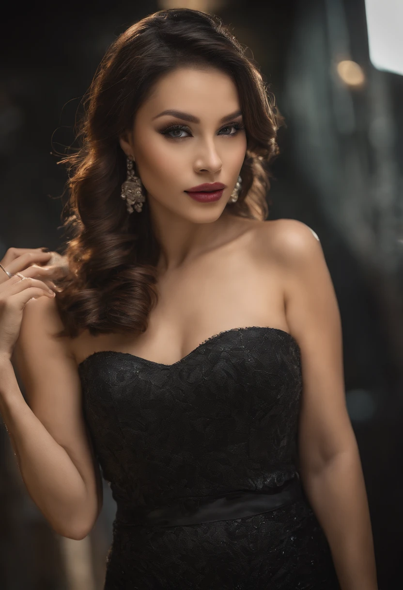 cabelos pretos, brincos de pino, vindima, Feminino, 8k, master part, best quality, excelente detalhe) , (high saturation, Melhores Sombras, Melhor Luz, clareamento extremamente delicado) Estilo escuro