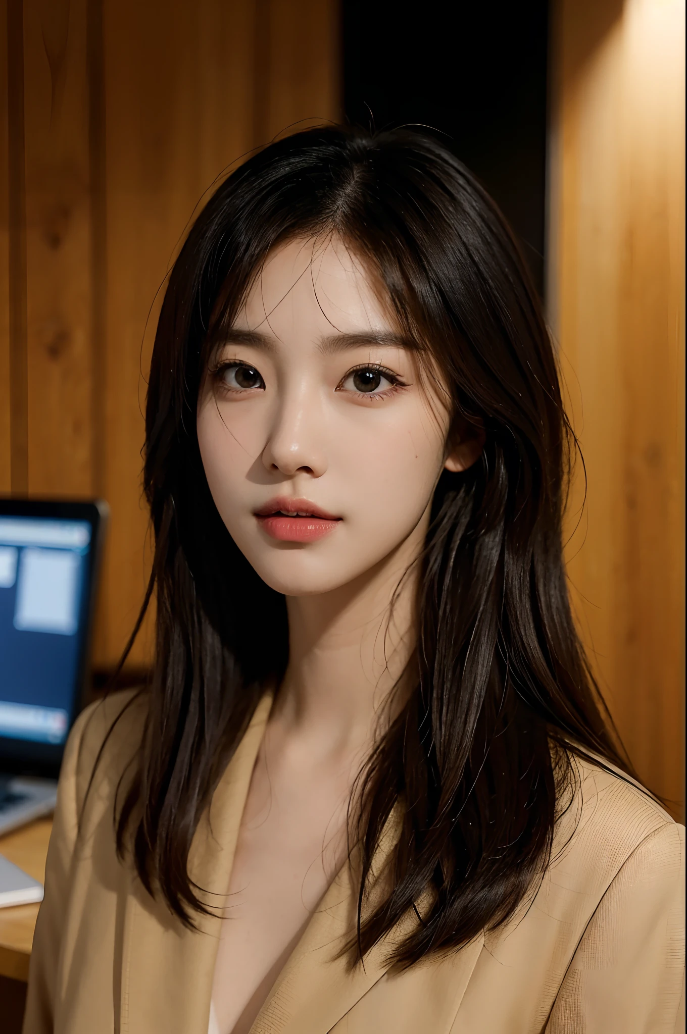 High-res, Realistic portrait of professional korean office lady with perfect skin，Professional suits，Women's suits，stand posture，The upper part of the body，Women in the workplace，Show confidence and maturity, Surrounded by a modern corporate environment, Vibrant and naturally lit highlights. The artwork should emphasize her elegant facial features, Including charming long eyes, Fluttering eyelashes and seductive lips. The scene should be enhanced with elements of professionalism and visual appeal，For example, Stylish work desk, Mainframe computers, High-resolution display, and complex stationery. The overall tone should be warm and professional, Has a soft and natural color palette. The artwork should exude a sense of professionalism, Success, and cultural pride，The background is blurred out