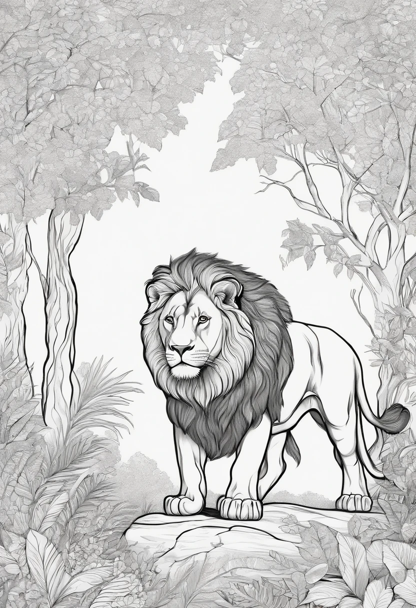 COLORING BOOK OF A LION IN THE FOREST,Childish traits,Dicke Linien,keine Farbe,white background,Nur Bindestriche