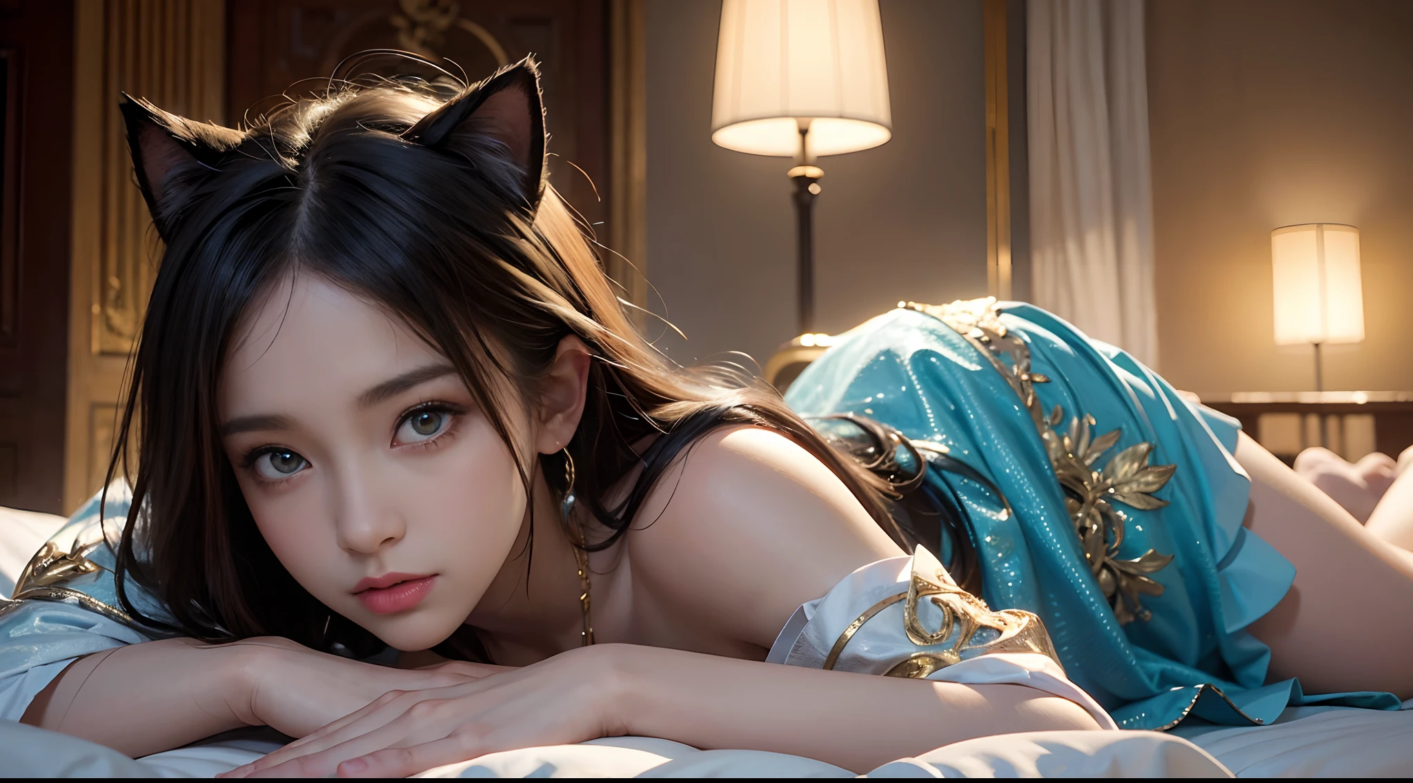 Fox girl 18 years old dark blue fur with water, naked, tribal with feather decorations, normal bust, defined curves, golden bracelets, gold thigh rings, crystal in the head, lying on a bed add_detail:1