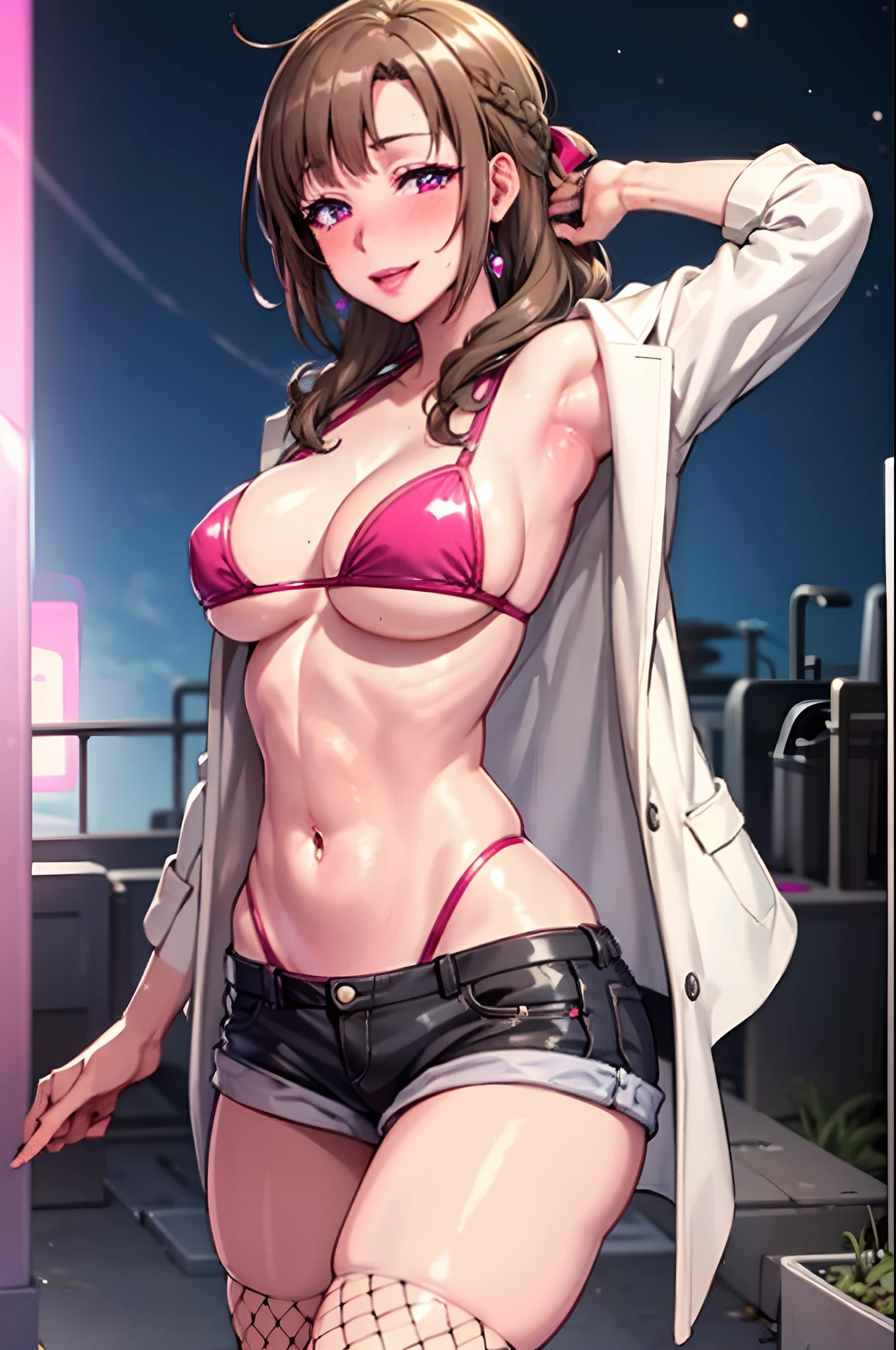 (masterpiece, best quality:1.2), upper body, solo, 1girl, hands behind head, mamako_oosuki, (whore outfit), brown hair, long hair, (hair down), purple eyes, hair ribbon, makeup, smile, fat lips, lipstick, curvy body, blushing, jacket, bikini top, short shorts, fishnet, vibrant colors, looking at viewer, club, night club, simple backround,