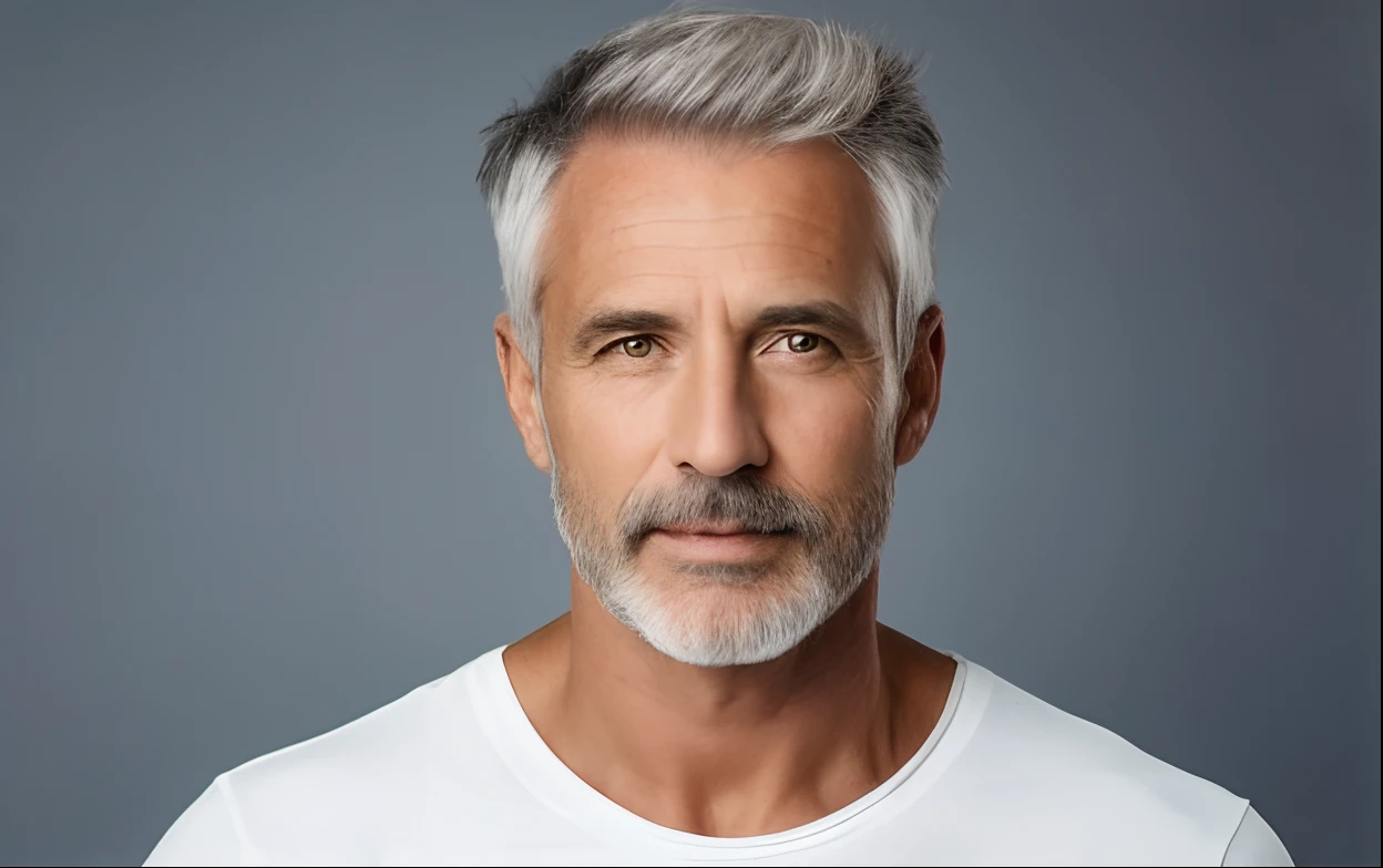 um close up de um homem de camisa branca e cabelos grisalhos, homem de cabelos grisalhos escuros, cabelos grisalhos e barba, alguns cabelos grisalhos na barba, cabelos e barba prateados, cabelos grisalhos, foto de um homem branco de 50 anos, Homem de 5 0 anos, barba branca curta, Homens de 50 anos, Homem na casa dos 40 anos, cabelos grisalhos velhos