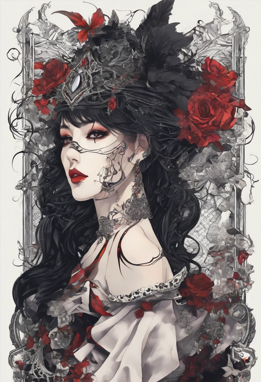 in style of Harry Clarke,character concept design,half body, (ROSE HEAD:1.5) (no face:2.0) paladin,angry,crazy smile,fighting pose,Magic Effects,Metallic details,Red tone,Unknown background,perfect hands,Core Art,The art of spray painting,Splash Art