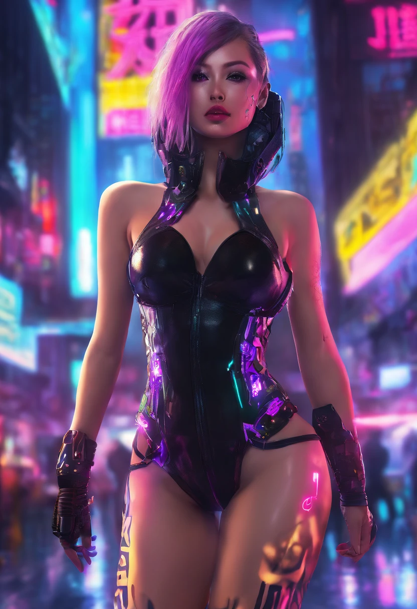 (Best quality, Ultra-detailed, photo-realistic:1.37), Portrait, Female, Beautifully detailed face, Long eyelashes, captivatinggaze, Perfect lips, Radiant complexion, Stunning figure, Korean underwear, Black Thigh-High Stockings, High heels with stiletto heels, tattooed body, Wearing a collar, Dance in vibrant clubs, incredibily detailed, surrealism, Soft lighting, Vibrant colors