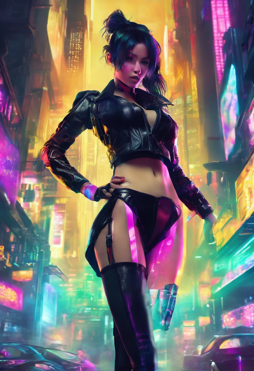 (Best quality, Ultra-detailed, photo-realistic:1.37), Portrait, Female, Beautifully detailed face, Long eyelashes, captivatinggaze, Perfect lips, Radiant complexion, Stunning figure, Korean underwear, Black Thigh-High Stockings, High heels with stiletto heels, tattooed body, Wearing a collar, Dance in vibrant clubs, incredibily detailed, surrealism, Soft lighting, Vibrant colors