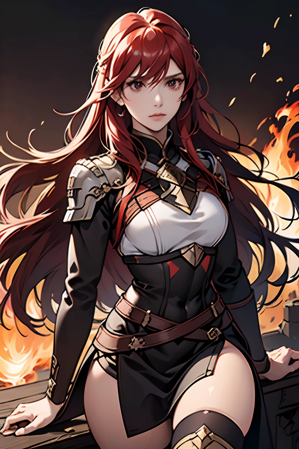 (masuter piece,Best Quality,Ultra-detailed), 1womanl, female focus on, 独奏, red hairs, Long hair with fringe, red eyes, Look at viewers, Genuine leather sword belt, Fighting Queen,nobles,a closed mouth, bangss, Fantasy aesthetics, Female knight, a sorceress,Fire emblem,Dagger decoration