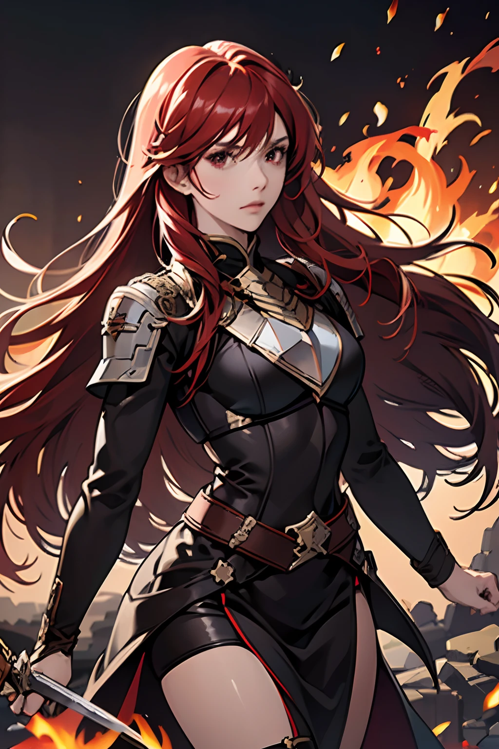 (masuter piece,Best Quality,Ultra-detailed), 1womanl, female focus on, 独奏, red hairs, Long hair with fringe, red eyes, Look at viewers, Genuine leather sword belt, Fighting Queen,nobles,a closed mouth, bangss, Fantasy aesthetics, Female knight, a sorceress,Fire emblem,Dagger decoration