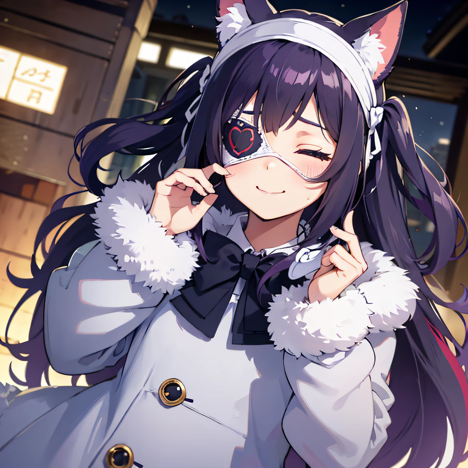 ((Custom eye masks)), ((Patterned masks)), ((Patterned eye patch)), Hairbands, Purple hair, ((Realistic)), ((Foto realism)), ((Photorealistic)), ((cosplay)), ((Real life)), 1girll, Solo, Closed eyes, Black hair, multicolored hair, Blush, Fur trim, fur-trimmed coat, Smile, Coat, Purple hair, Long hair, ((blindfolds)), bangs, Closed mouth, bow, Flying sweatdrops, White coat, ribbon, Bandages, two tone color hair, Upper body, white bows, hair adornments