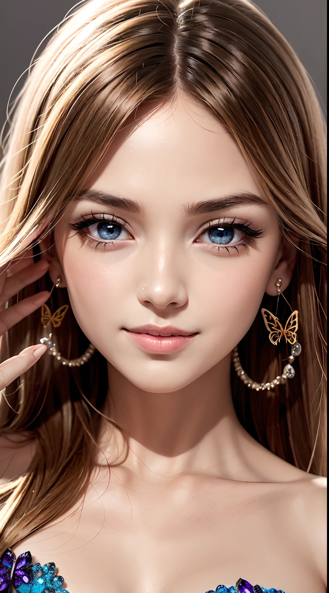 16k high quality wallpapers（Detailed eyes,Long eyelashes,Bright and colorful iris,Expressive eyebrows,Blend eyeshadow perfectly,Eyes sparkle,Reflective eyeballs），（Blonde 1。3 Lots of hair1。3 Delicate hair 1。2）,（Long transparent dress，floral patterns：1.4，），（Gorgeous and delicate glowing little butterfly hair ornament，brilliant colorful，Fine engraving，Shine brightly，The attention to detail，The jewelry is of high quality，Extremely high image quality）White Skin Skin，Seductive smile emoji，Close-up shot