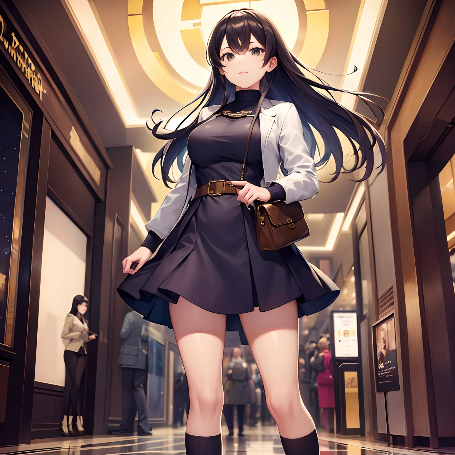 Beautiful woman in flight jacket and georgette dress、Stand at the mall with a Hermes Kelly bag. She wears knee-high socks and、、、、The night sky is shining with the moon and stars. Images must be of the highest quality、Must be a masterpiece.