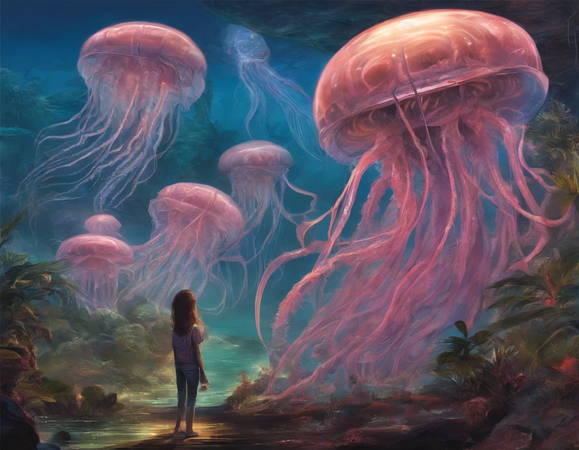 A photo manipulation of a woman standing in the clouds. Her head is missing and in its place are pink and blue jellyfish tentacles and lightning bolts. The background is a blue sky with white clouds. There are two jellyfish in the foreground. The woman is wearing a black and white outfit. The image is a surreal and abstract representation of the human mind and the power of nature.
extremely detailed,
 <lora:Manipulator:1>