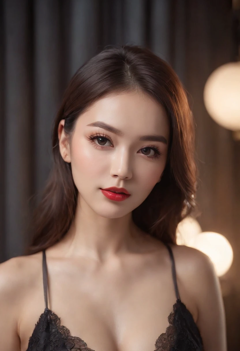 (Best quality,Ultra-detailed,Realistic:1.37),Portrait,Girl,Beautiful detailed face,Long eyelashes,Seductive gaze,Perfect lips,Radiant complexion,Stunning figure,Korean underwear,Black stockings,High heels with stiletto heels,tattooed body,Wearing a collar,Dance in vibrant clubs,incredibly detailed,surrealism,gentlesoftlighting,Vivid colors