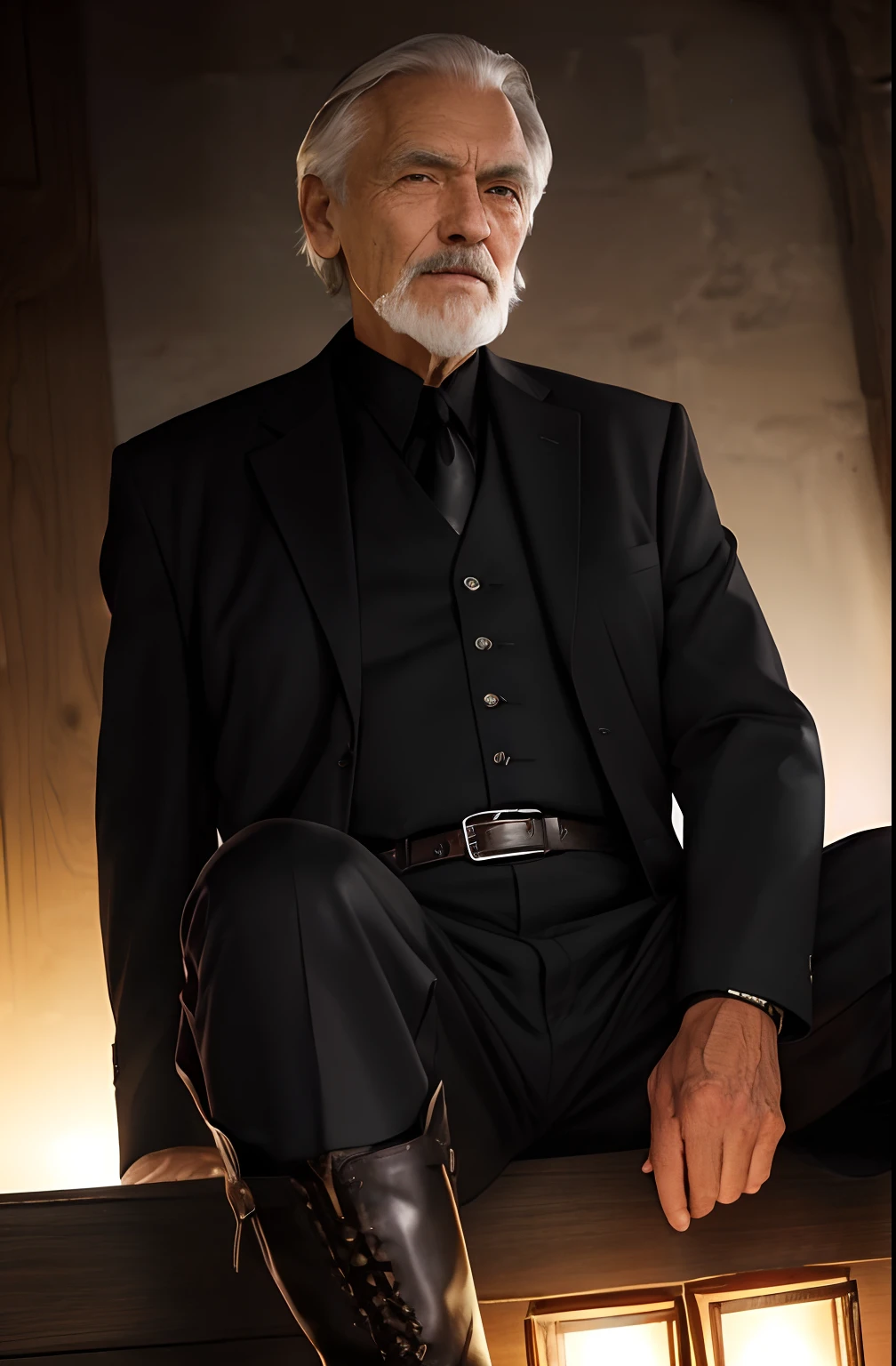 with a goatee,Old gentleman in black riding boots,Show off his boots,The light source is in the upper left corner。