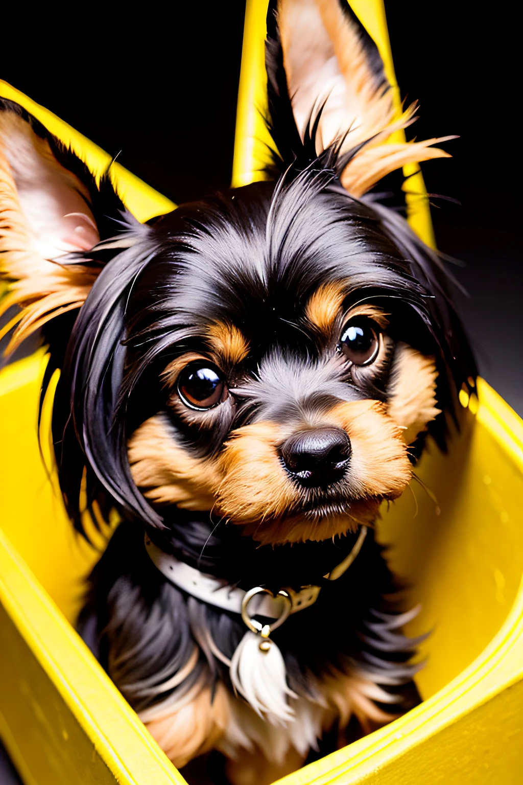 realistic portrait of a cute Yorkshire terrier dog
((black and beige color)) cute smile, ((funny)), black background dark lighting, yellow neon, close-up, product view, detailed facial details, perfect face, sharpness, trend in arts, sharp facial details, cgsociety, ultra high quality digital artwork, exquisite hyper detail, 4k, 8k soft lighting, dreamy --iso 100, fashion -