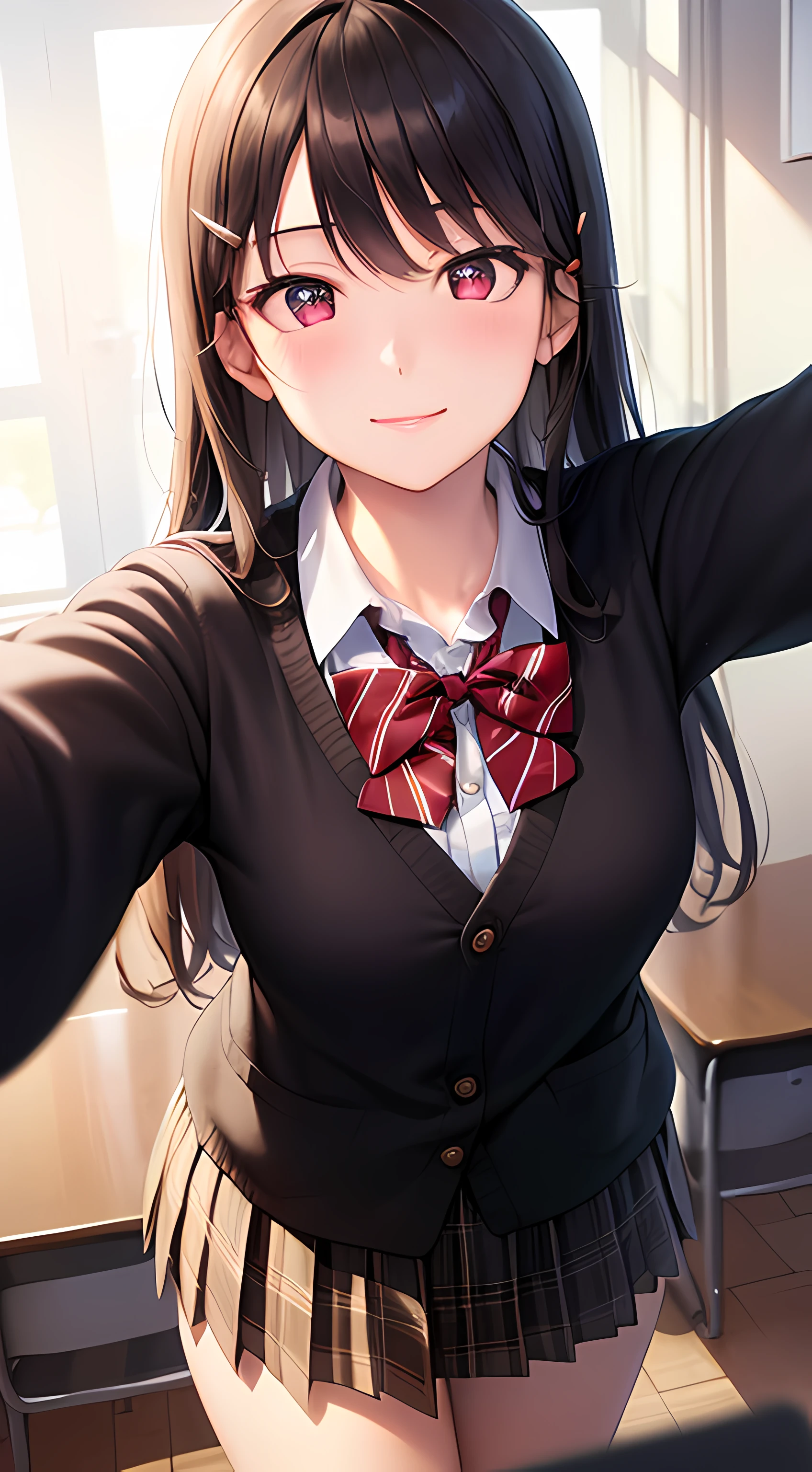 ((masterpiece, best quality, highres, UHD, perfect pixel, depth of field, 4k, RTX, HDR))), 1girl, single, solo, beautiful anime girl, beautiful artstyle, anime character, ((long hair, bangs, black hair, simple hair pin)), ((red eyes:1.4, rounded eyes, beautiful eyelashes, realistic eyes)), ((detailed face, blushing:1.2)), ((smooth texture:0.75, realistic texture:0.65, photorealistic:1.1, anime CG style)), medium breasts, dynamic angle, perfect body, ((POV, close up, shot on face, selfie pose)), ((red bowtie, school uniform, black jacket, open jacket, brown cardigan, white shirt, black skirt, plaid skirt)), smile, classroom
