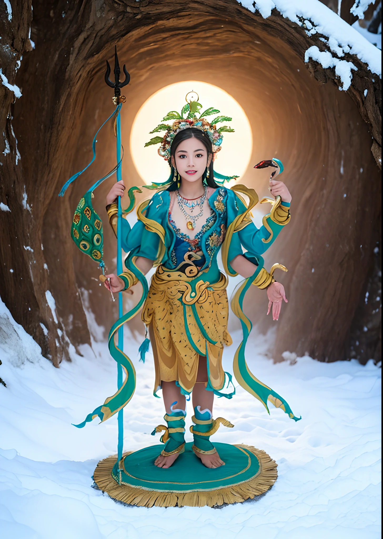 1girll，，Stand in a valley full of mandala flowers，（（（Green skin））），Gem Necklace，Exquisite headdress，Long hair hanging down the shoulders，There are six snakes on top of their heads，Snake in hand，The body is decorated with snakes，Four arms，A snake wrapped around his wrist，The ankles are wrapped around the snake，（The union of man and black snake），Solo, The waist is（（deerskin））, The upper body is covered（deerskin,） Holding a fan made of peacock essence in his hand， Trident weapons, Streamers，shaded_face, Pretty big breasts，Head background with round light，Alpine snow-capped mountains in the distance，Bright sky，Sunny picture，offcial art, (Extremely detailed Cg Unity 8K wallpaper), (Photorealistic:1.4), (Masterpiece), (Best quality:1.2)，Light and shadow tracking，Super HD