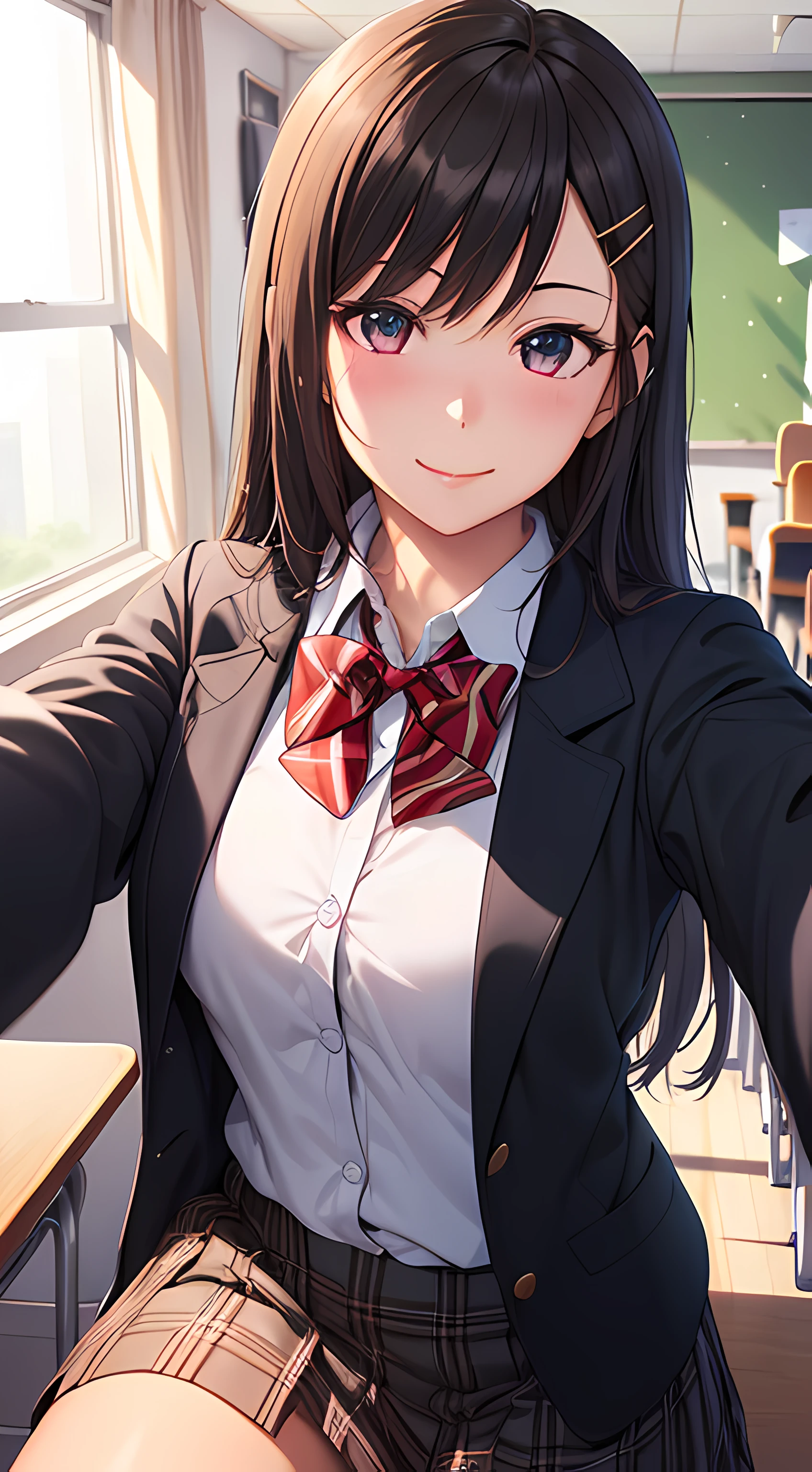 ((masterpiece, best quality, highres, UHD, perfect pixel, depth of field, 4k, RTX, HDR))), 1girl, single, solo, beautiful anime girl, beautiful artstyle, anime character, ((long hair, bangs, black hair, simple hair pin)), ((red eyes:1.4, rounded eyes, beautiful eyelashes, realistic eyes)), ((detailed face, blushing:1.2)), ((smooth texture:0.75, realistic texture:0.65, photorealistic:1.1, anime CG style)), medium breasts, dynamic angle, perfect body, ((POV, close up, shot on face, selfie pose)), ((red bowtie, school uniform, black jacket, open jacket, brown cardigan, white shirt, black skirt, plaid skirt)), smile, classroom