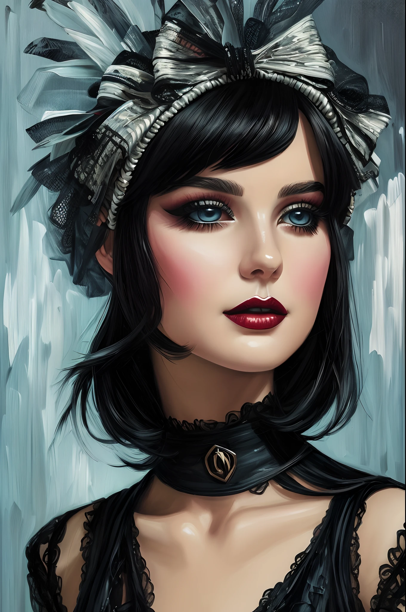 scarlet sweet BLAISE, ssmile, Strong Gothic Makeup, Headband on black hair, Big bangs to the eyes, in a classic doll dress with a corrugated hem and tulle ruffles, A cat's head sticks out of the pocket of his dress, Gloomy foggy atmosphere, surrealism, The absurdity of cuteness, attractiveness and rejection of extraordinary appearance, By tapestry ((Стиль Francesco-Francavilla)), ((A hyper-realistic)), Gradient by style, Complicated details, Intricate, aesthetics. Palette knife-oil painting, ((Best Quality, tmasterpiece)), (extreme hight detail), impressionism:0.2, Octane Render, 8K