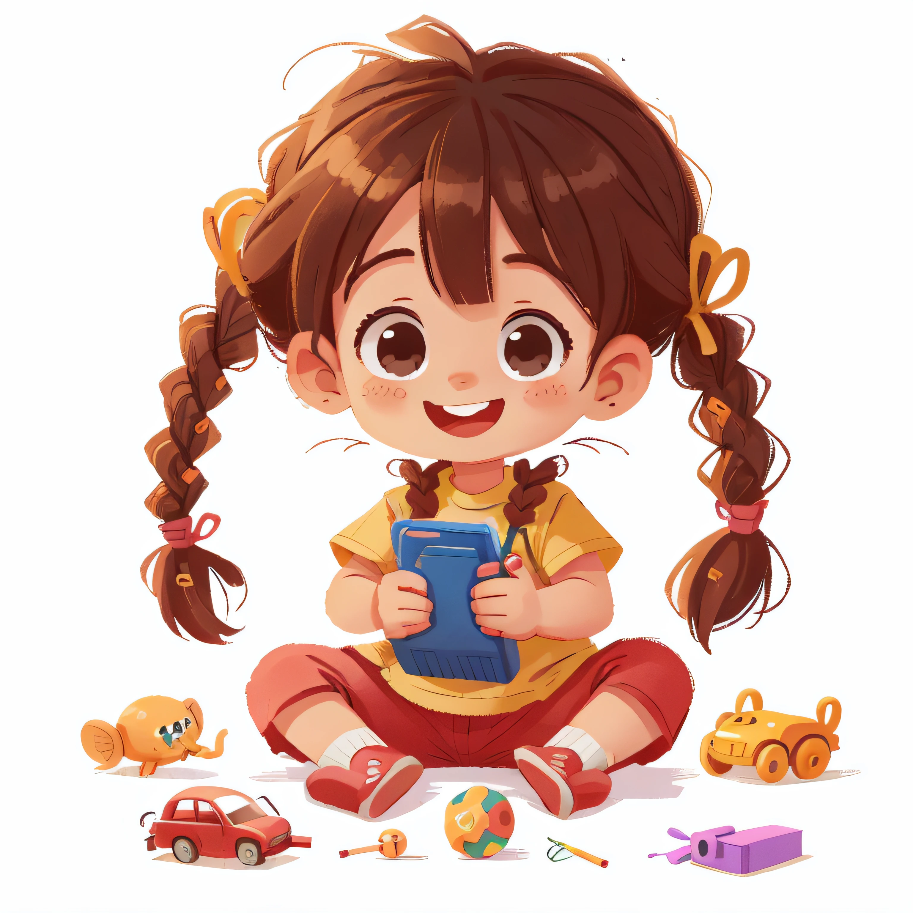 5 year old child playing with toys, toys arranged around, looking towards the viewer, smiling, little girl, braided hair on both sides, white background