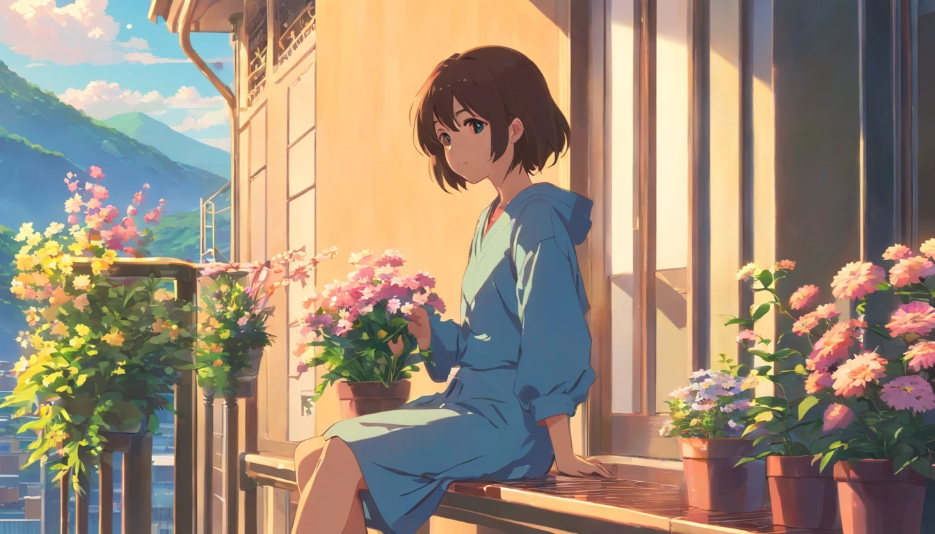 obra-prima, melhor qualidade, filme ainda, 1girl, Girl sitting on balcony with flowers