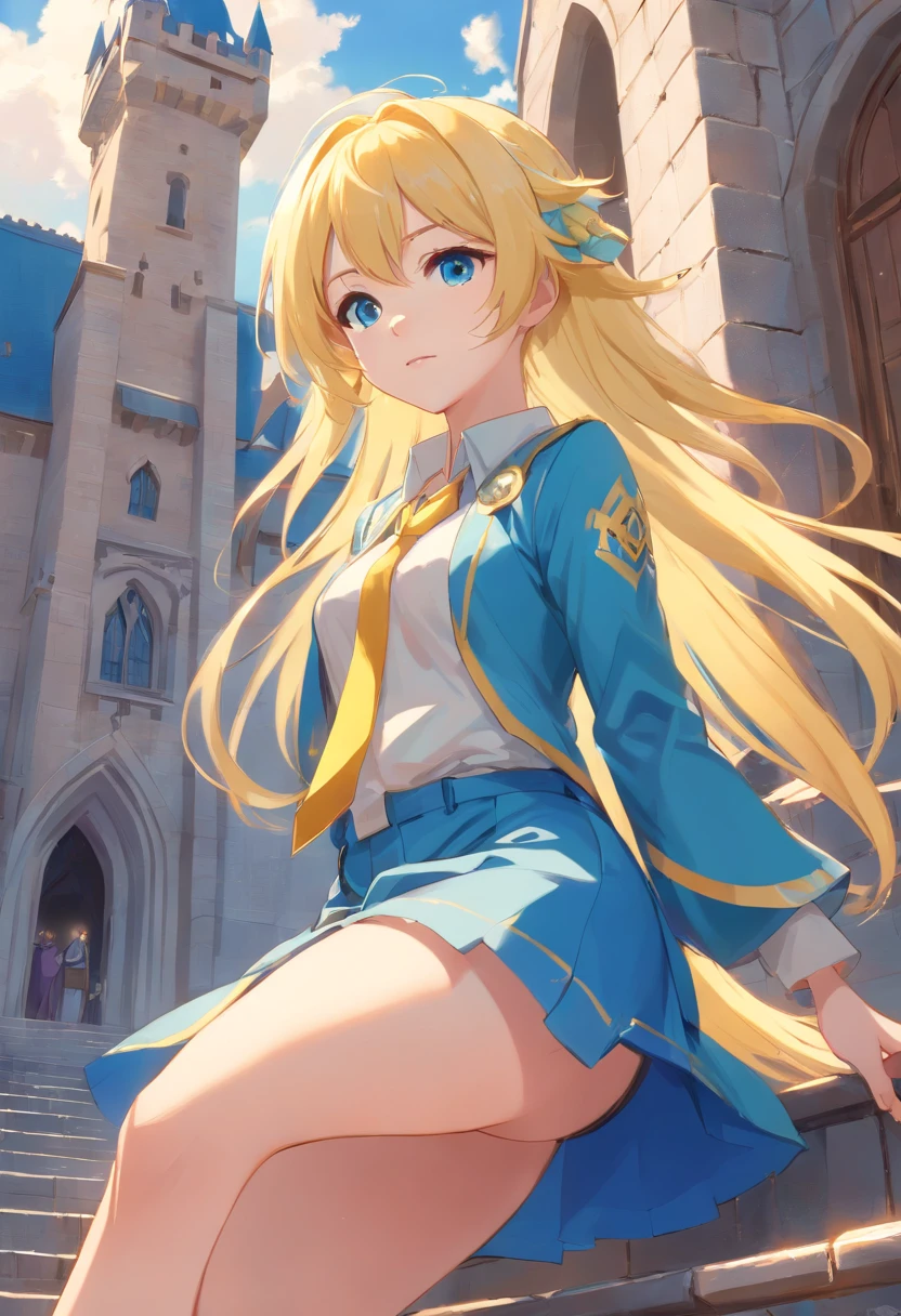 Light yellow hair,Blue eyes,Western fantasy,magia,Castle fantasy,Blue and white clothes,Good-looking legs,Ultra photo realsisim, Castle,hair adornments