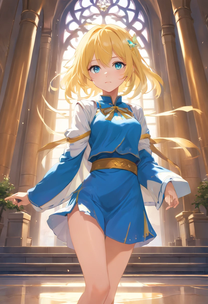 Light yellow hair,Blue eyes,Western fantasy,magia,Castle fantasy,Blue and white clothes,Good-looking legs,Ultra photo realsisim, Castle,hair adornments