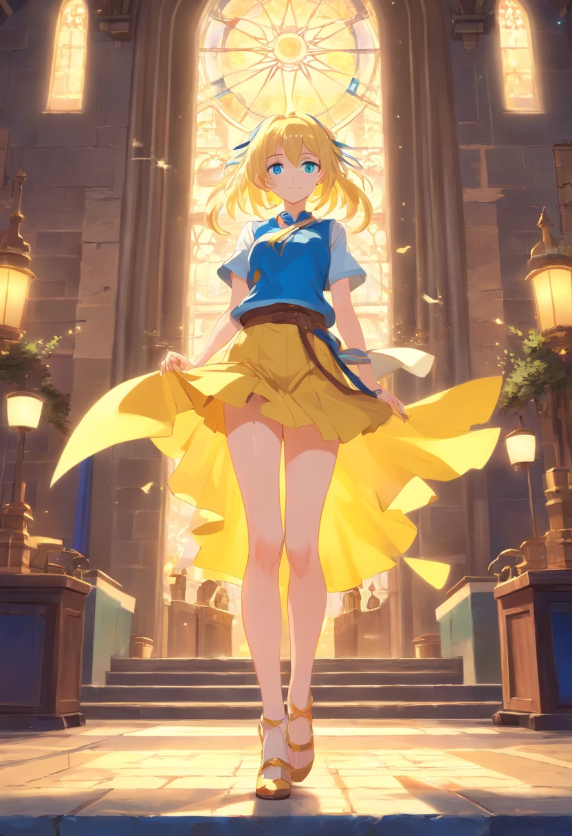 Light yellow hair,Blue eyes,Western fantasy,magia,Castle fantasy,Blue and white clothes,Good-looking legs,Ultra photo realsisim, Castle,hair adornments