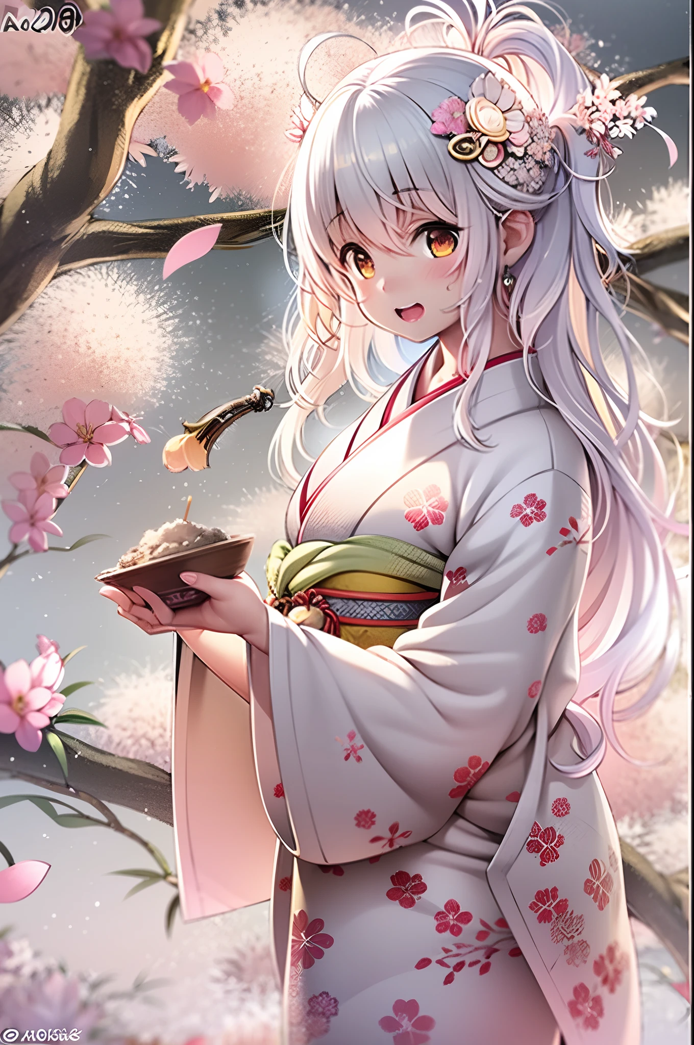 A hyper-realistic, Highly detailed, High resolution 16K image of youth, Beautiful female ghost or guardian spirit. She has pale pink hair and translucent skin, Wearing a traditional kimono with Japan with a small cherry blossom design on the obi. This image is、It captures the ethereal beauty and mystique of the spirit world. The style is inspired by delicacy, Soft aesthetics found in Japan traditional performing arts.