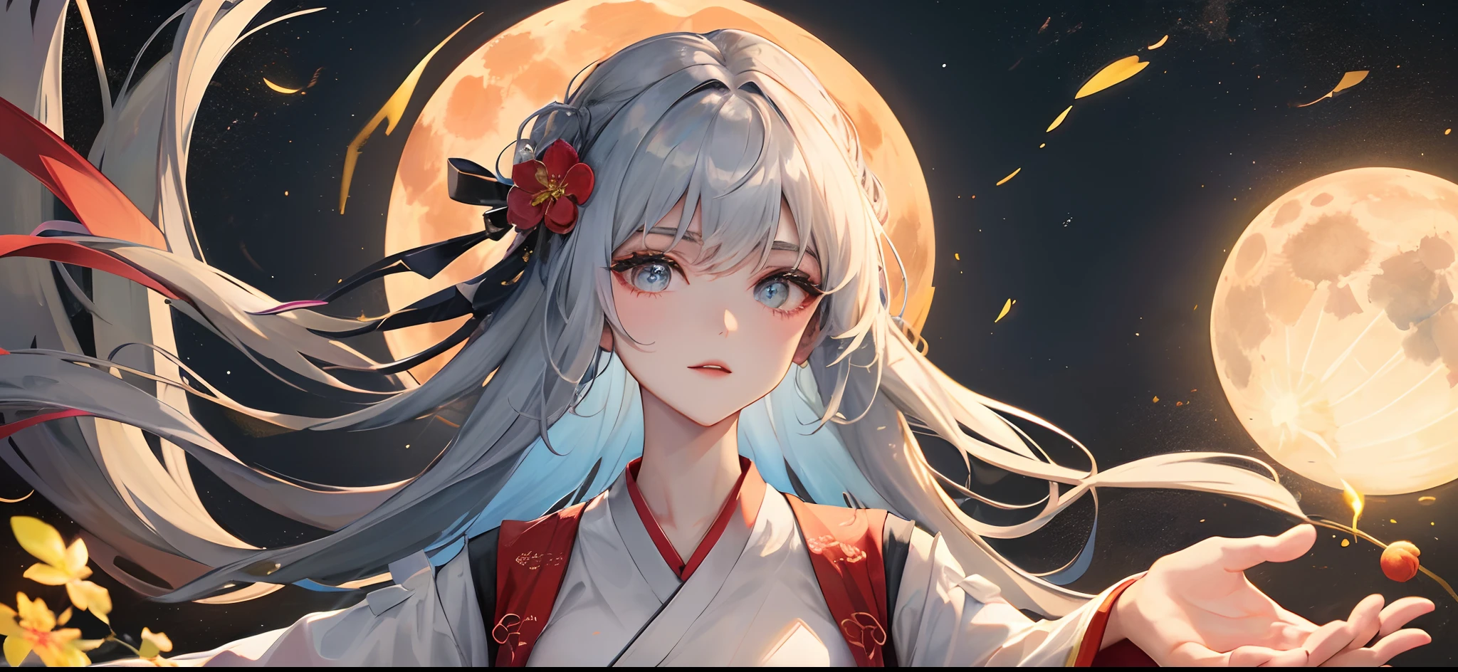 mid-autumn festival，A bright moon is hanging in the sky，An oriental woman，wearing a hanfu，Now enjoy the moon at the top of the mountain，outstanding，High-quality image quality，The face is clear，The upper part of the body，sliver long hair。