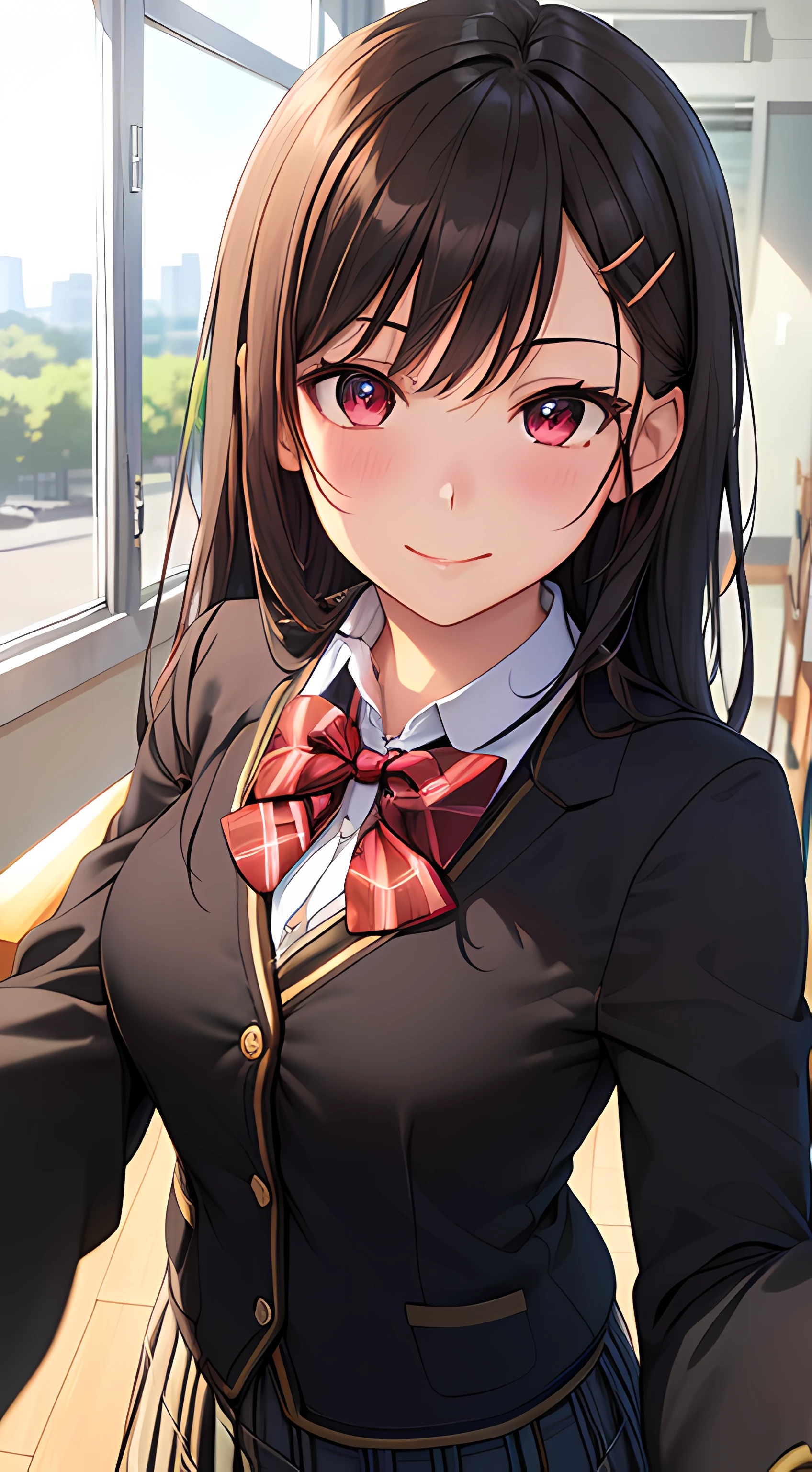 ((masterpiece, best quality, highres, UHD, perfect pixel, depth of field, 4k, RTX, HDR))), 1girl, single, solo, beautiful anime girl, beautiful artstyle, anime character, ((long hair, bangs, black hair, simple hair pin)), ((red eyes:1.4, rounded eyes, beautiful eyelashes, realistic eyes)), ((detailed face, blushing:1.2)), ((smooth texture:0.75, realistic texture:0.65, photorealistic:1.1, anime CG style)), medium breasts, dynamic angle, perfect body, ((POV, close up, shot on face, selfie pose)), ((red bowtie, school uniform, black jacket, open jacket, brown cardigan, white shirt, black skirt, plaid skirt)), smile, classroom
