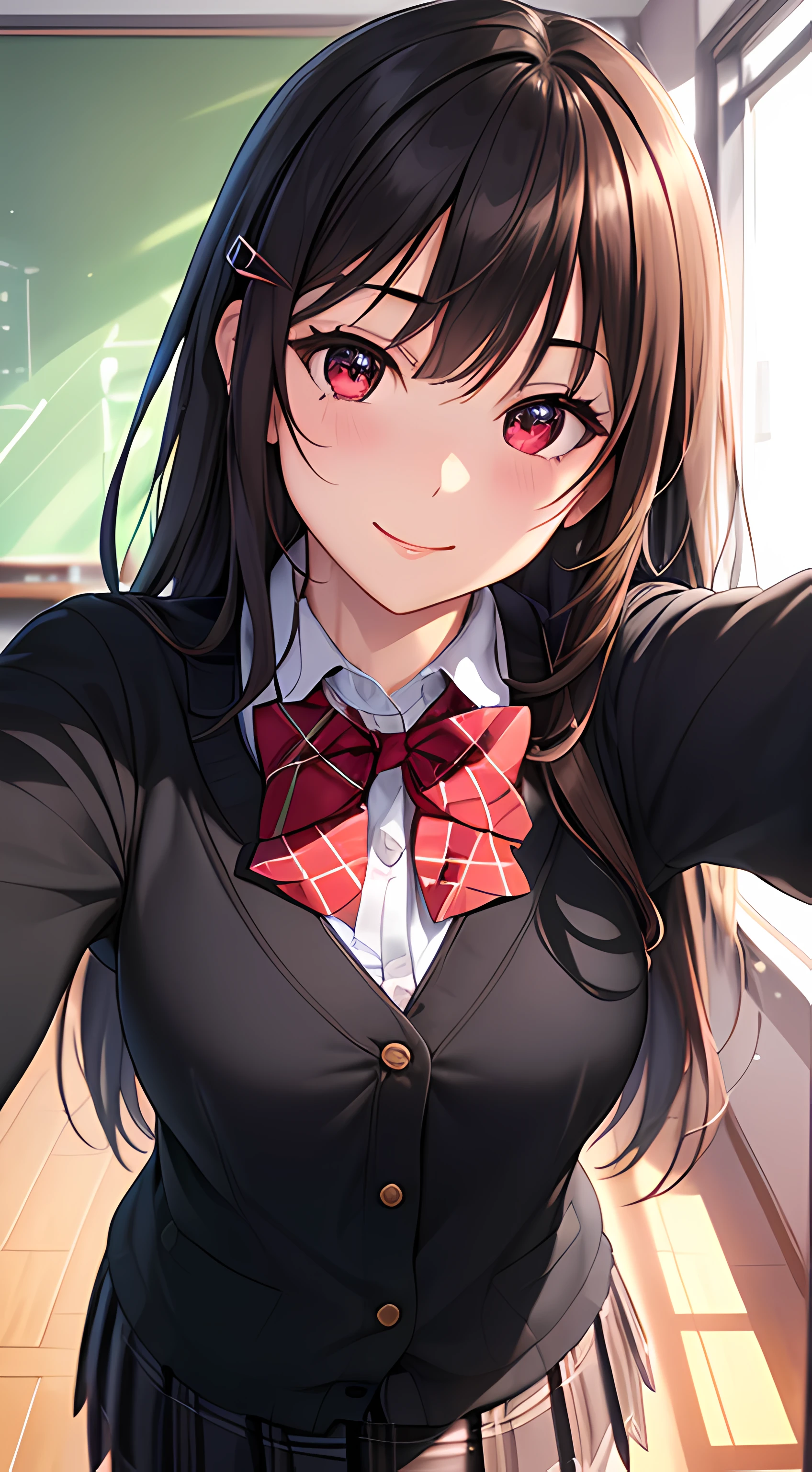 ((masterpiece, best quality, highres, UHD, perfect pixel, depth of field, 4k, RTX, HDR))), 1girl, single, solo, beautiful anime girl, beautiful artstyle, anime character, ((long hair, bangs, black hair, simple hair pin)), ((red eyes:1.4, rounded eyes, beautiful eyelashes, realistic eyes)), ((detailed face, blushing:1.2)), ((smooth texture:0.75, realistic texture:0.65, photorealistic:1.1, anime CG style)), medium breasts, dynamic angle, perfect body, ((POV, close up, shot on face, selfie pose)), ((red bowtie, school uniform, black jacket, open jacket, brown cardigan, white shirt, black skirt, plaid skirt)), smile, classroom