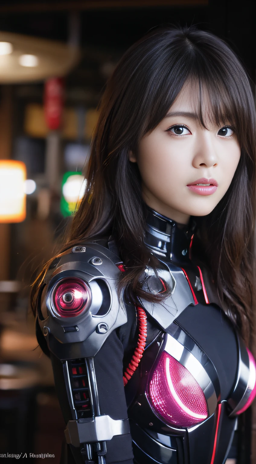 (1 Mechanical Girl)、（Mystical expression）、top-quality、​masterpiece、超A high resolution、(Photorealsitic:1.4)、Raw photo、女の子1人、glowy skin、(((1 Mechanical Girl)))、（Red Metal Bodysuit）、(alien background、futuristic alien background)、(Small LED)、((super realistic details))、vertical giant monster background),globalillumination、Shadow、octan render、8K、ultrasharp、Robot background、Colossal tits、Raw skin exposed in the cleavage、red metal、Details of complex ornaments、Japan details、highly intricate detail、Realistic light、(Mystical expression),CG Society Trenlow Eyes、Eyes shining towards the camera、Mechanical marginal blood vessels connected to neon detail tubes)、(Wires and cables connecting to the head)、Small LED、,Mechanical thighs、Toostock、（Hands are also made of machines）、机器人、future alien、Please wear a mechanical helmet、