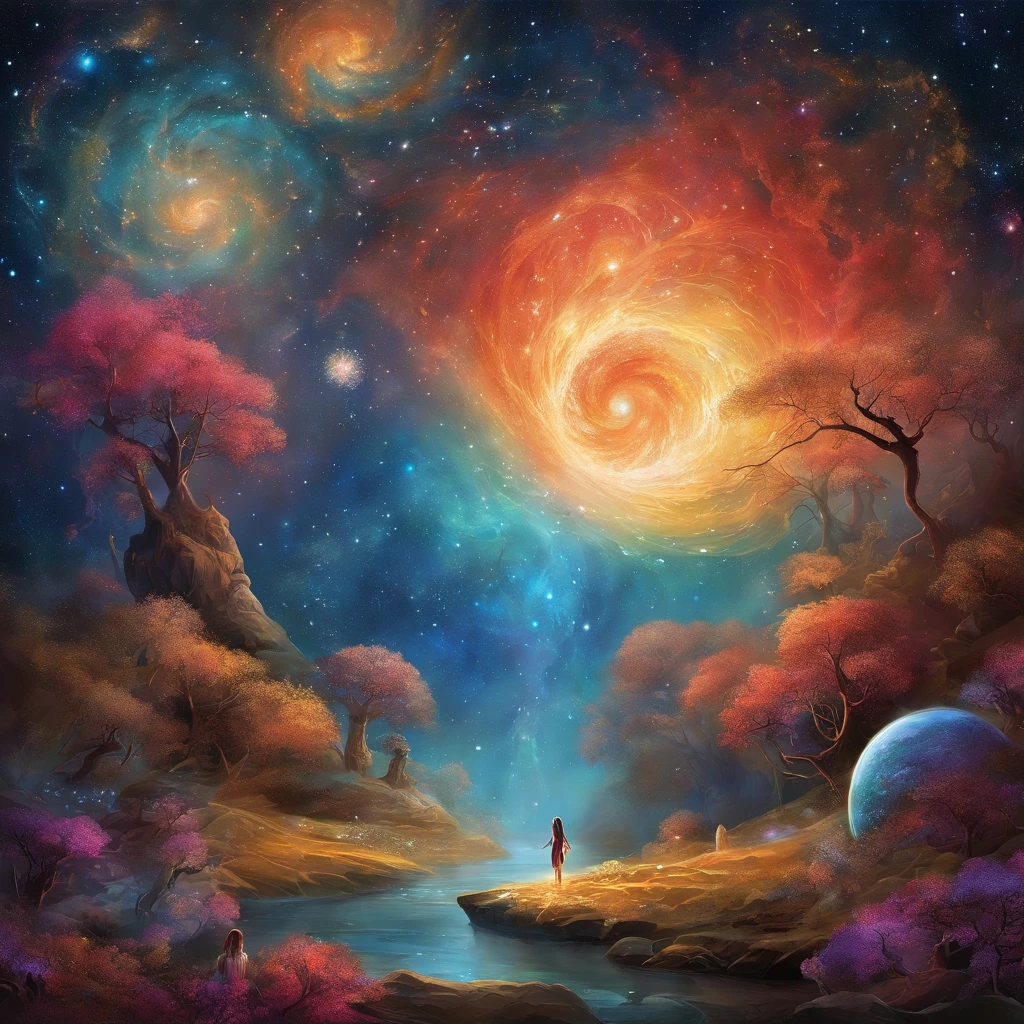 "Vivid depiction of the cosmos, a breathtaking celestial tapestry unfurls before your eyes. Countless stars, like shimmering diamonds, adorn the inky expanse of space. A celestial ballet of planets, each a unique gem, dances in perfect harmony. Nebulas, ethereal and mystical, weave their tendrils of color throughout the cosmic canvas, their hues shifting from deep cerulean to fiery crimson.
In the midst of this cosmic symphony, a grand spiral galaxy takes center stage, its arms reaching out in an eternal embrace. It radiates an otherworldly light, illuminating the cosmos with an almost magical glow. Constellations, ancient stories written in the stars, come to life, connecting the dots of the universe's secrets.
A sense of wonder and awe washes over you as you contemplate the vastness of the cosmos, feeling both small and connected to the grand design of the universe. The magic of the cosmos unfolds in every detail, inviting you to explore the mysteries of the cosmos."