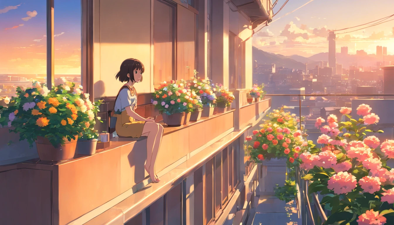 obra-prima, melhor qualidade, filme ainda, 1girl, Girl sitting on balcony with flowers, quality 4k