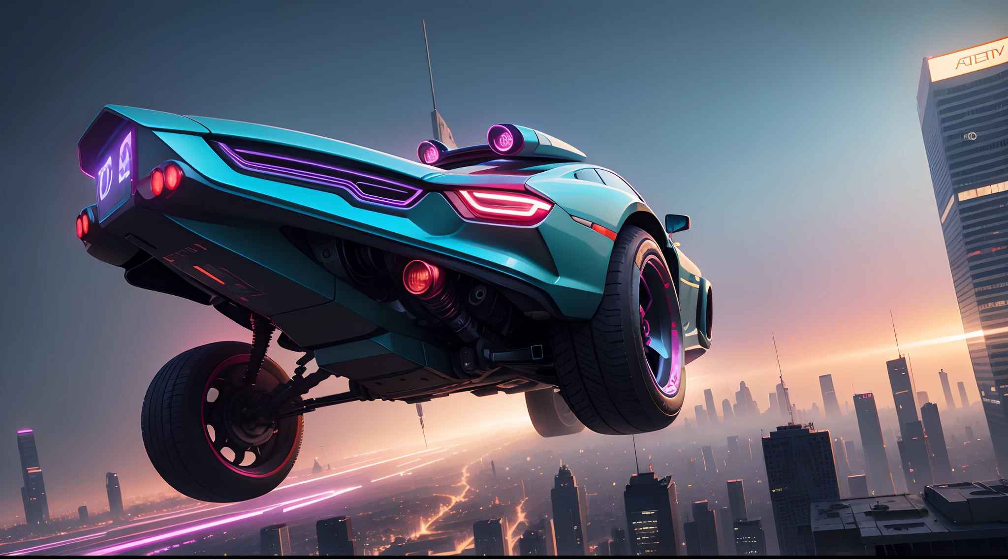 A cyberpunk car flying in the city of the future