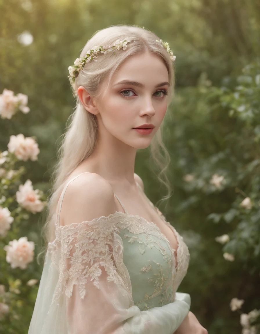 (best quality,4k,8k,highres,masterpiece:1.2),ultra-detailed,(medium close-up),(realistic,photorealistic,photo-realistic:1.37),long and elegant elf-like ears,fair and porcelain-like skin,gently flowing platinum blonde hair,piercing and enchanting green eyes,feminine and delicate facial features,gently rosy cheeks,slender and graceful figure,wearing an ethereal flowing gown made of silk and lace,Mediterranean garden with blooming flowers,soft and warm sunlight illuminating the scene,vibrant and lush greenery surrounding the garden,refreshing fragrance of the flowers filling the air,crystal-clear pond reflecting the beauty of the garden,peaceful and serene atmosphere,subtle and harmonious color palette with pastel tones,soft and dreamlike lighting creating a magical ambiance.