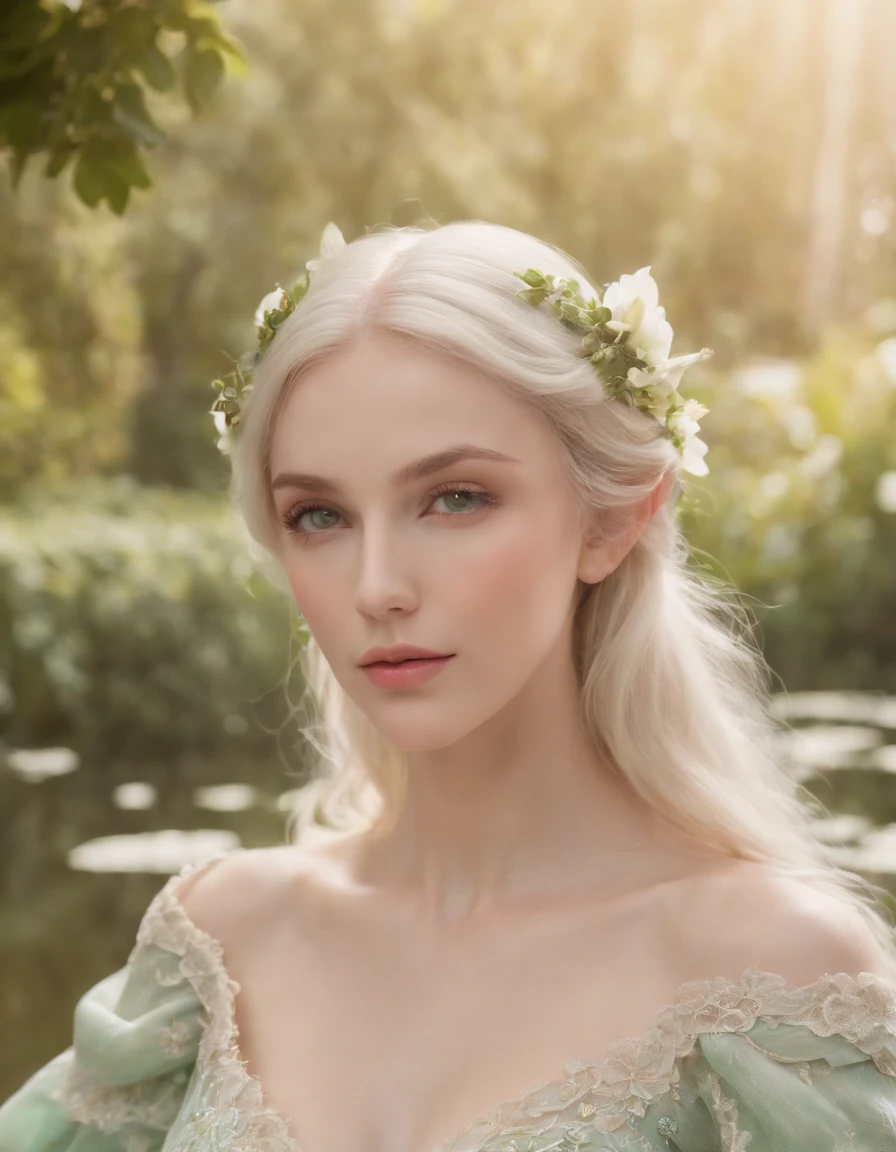 (best quality, 4k, 8k, high res, masterpiece:1.2), ultra-detailed, (medium close-up), (realistic, photorealistic:1.37), long, elegant elf-like ears, porcelain-like skin, flowing platinum blonde hair, enchanting green eyes, delicate facial features, rosy cheeks, slender figure, wearing an ethereal silk and lace gown, set in a Mediterranean garden with blooming flowers, warm sunlight illuminating vibrant greenery, the refreshing fragrance of flowers in the air, a crystal-clear pond reflecting the garden's beauty, creating a peaceful, serene atmosphere with a subtle pastel color palette and soft, dreamlike lighting that evokes a magical ambiance.